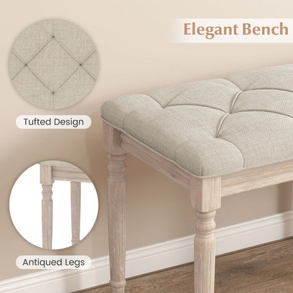 47.5 Inch Upholstered Bench with Carved Rubber Wood Legs and Padded Seat-Beige
