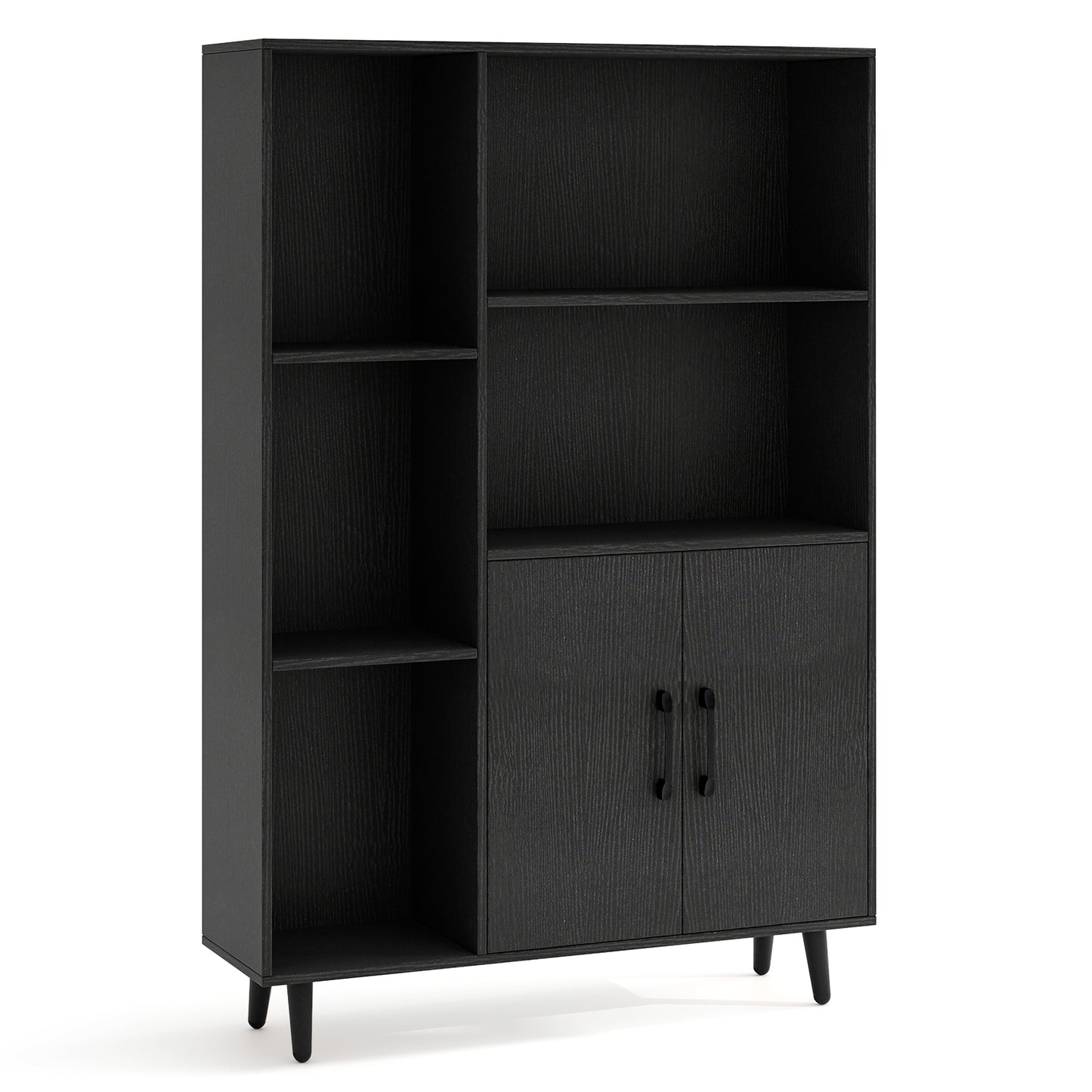 4 Inch Floor Bookshelf with 5 Open Compartments and Storage Cabinet-Black