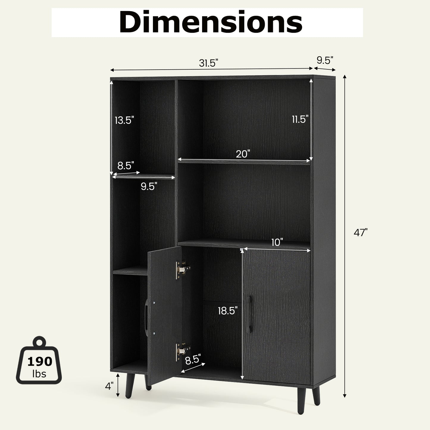 4 Inch Floor Bookshelf with 5 Open Compartments and Storage Cabinet-Black