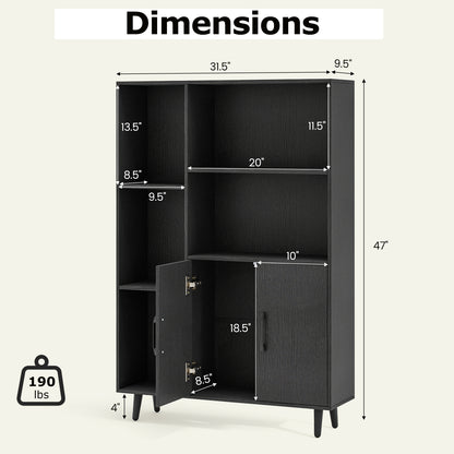4 Inch Floor Bookshelf with 5 Open Compartments and Storage Cabinet-Black