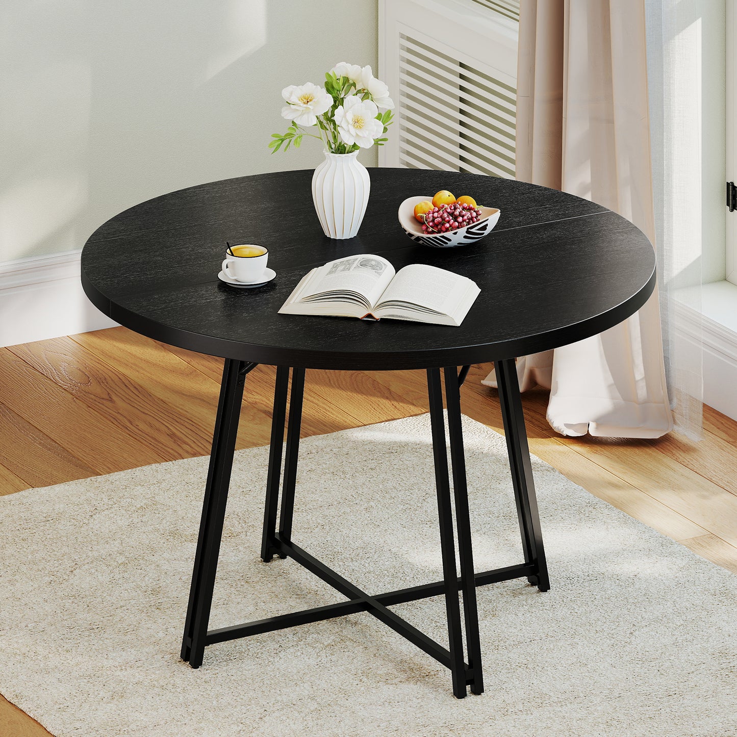 47 Inch Dining Table for 4-6 People Round Kitchen Table with Cross Base-Black