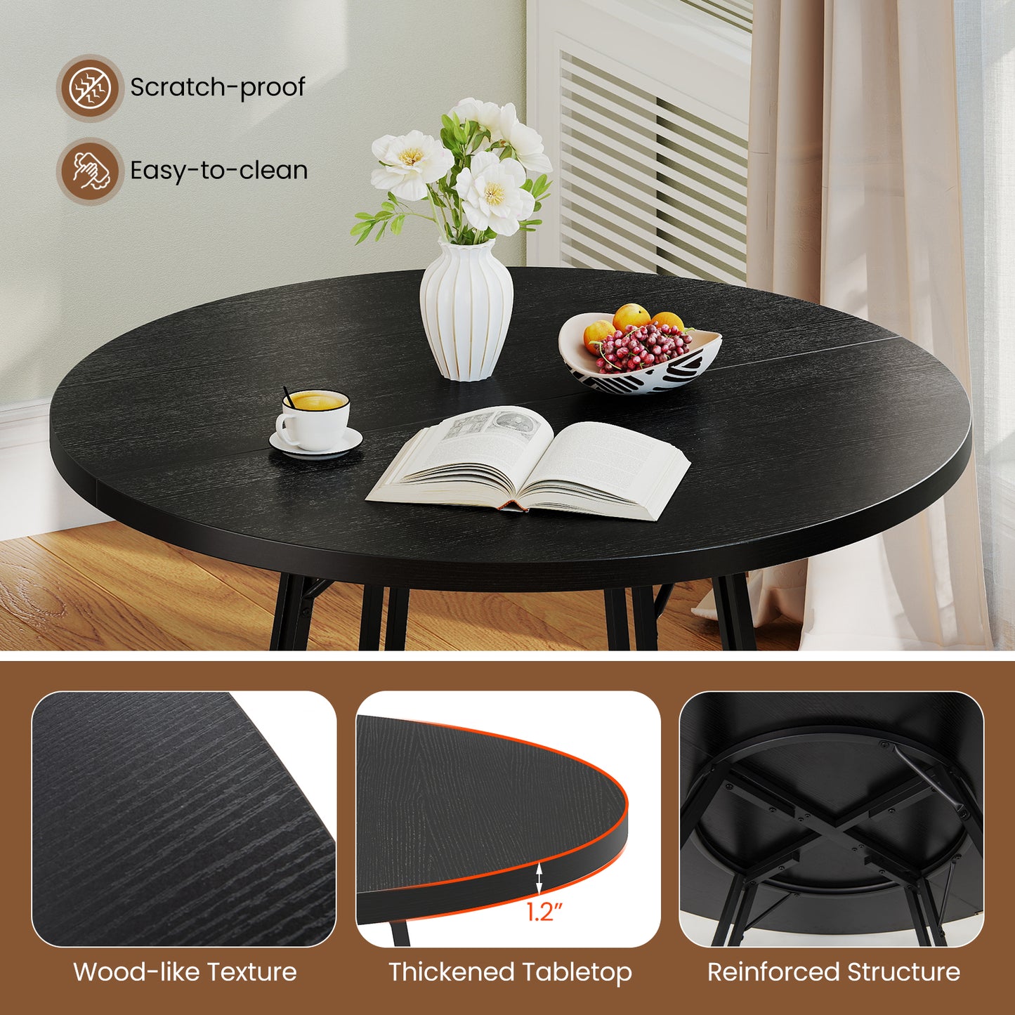 47 Inch Dining Table for 4-6 People Round Kitchen Table with Cross Base-Black