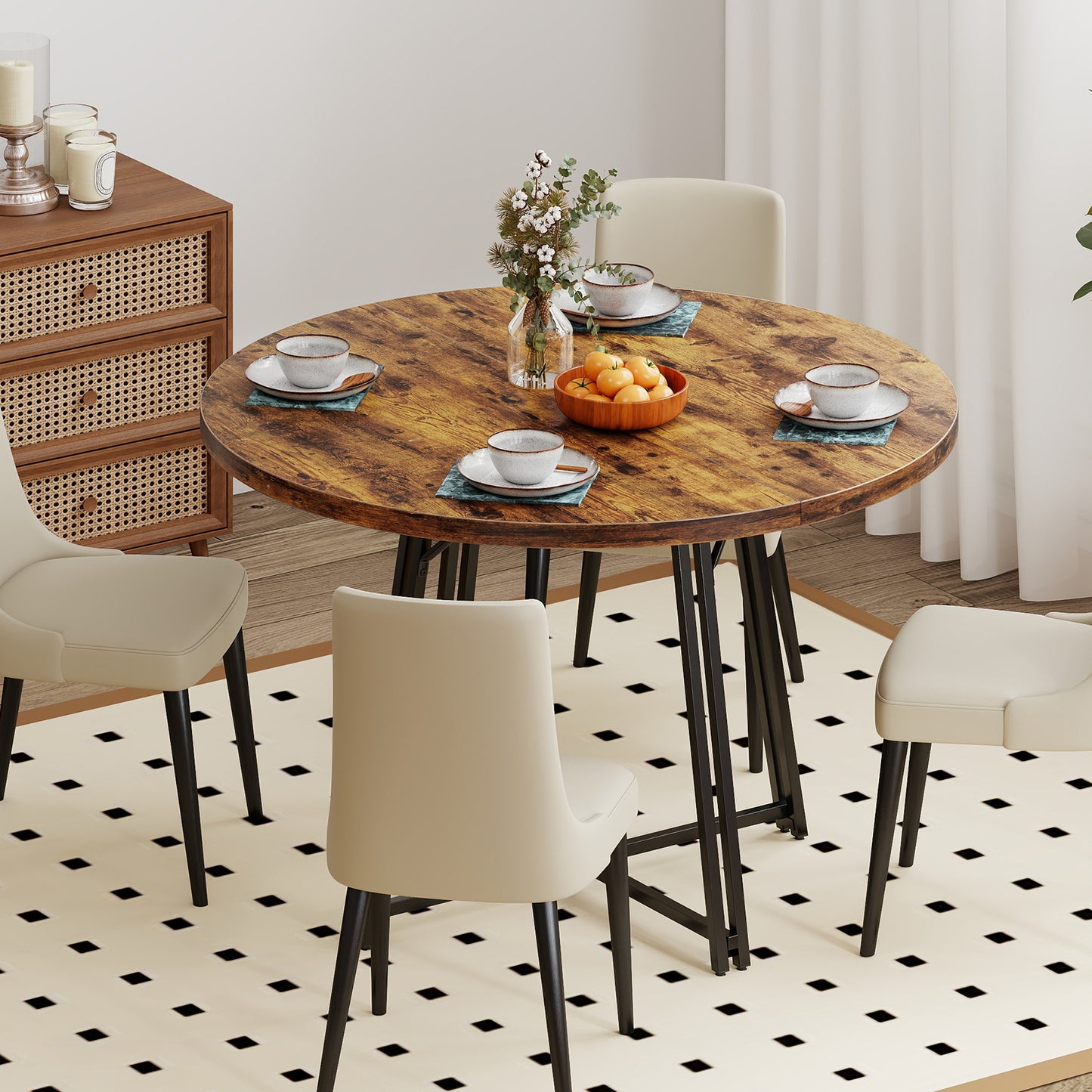47 Inch Dining Table for 4-6 People Round Kitchen Table with Cross Base-Rustic Brown