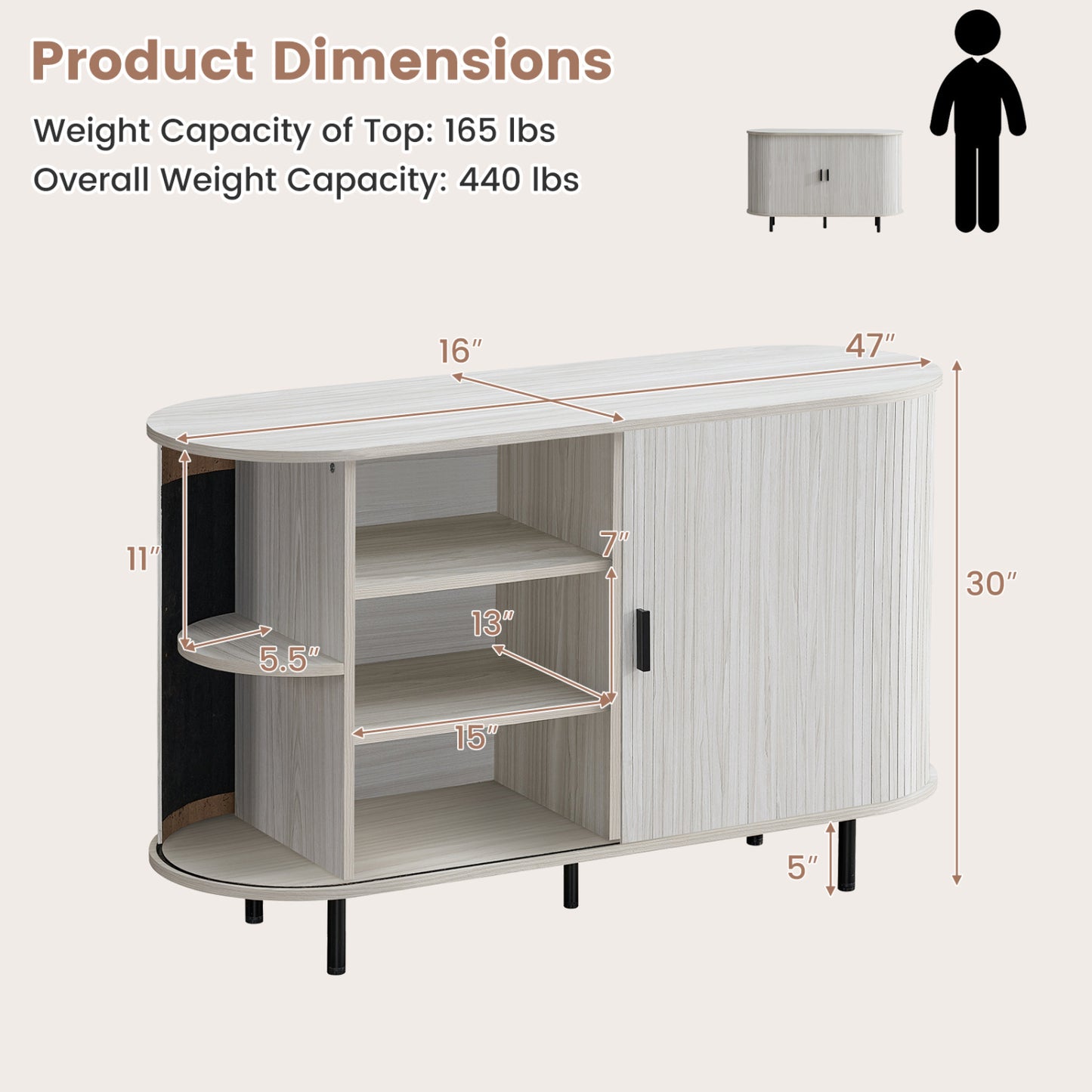 47 Inch Fluted Sideboard Buffet Cabinet with Tambour Sliding Doors and Metal Legs
