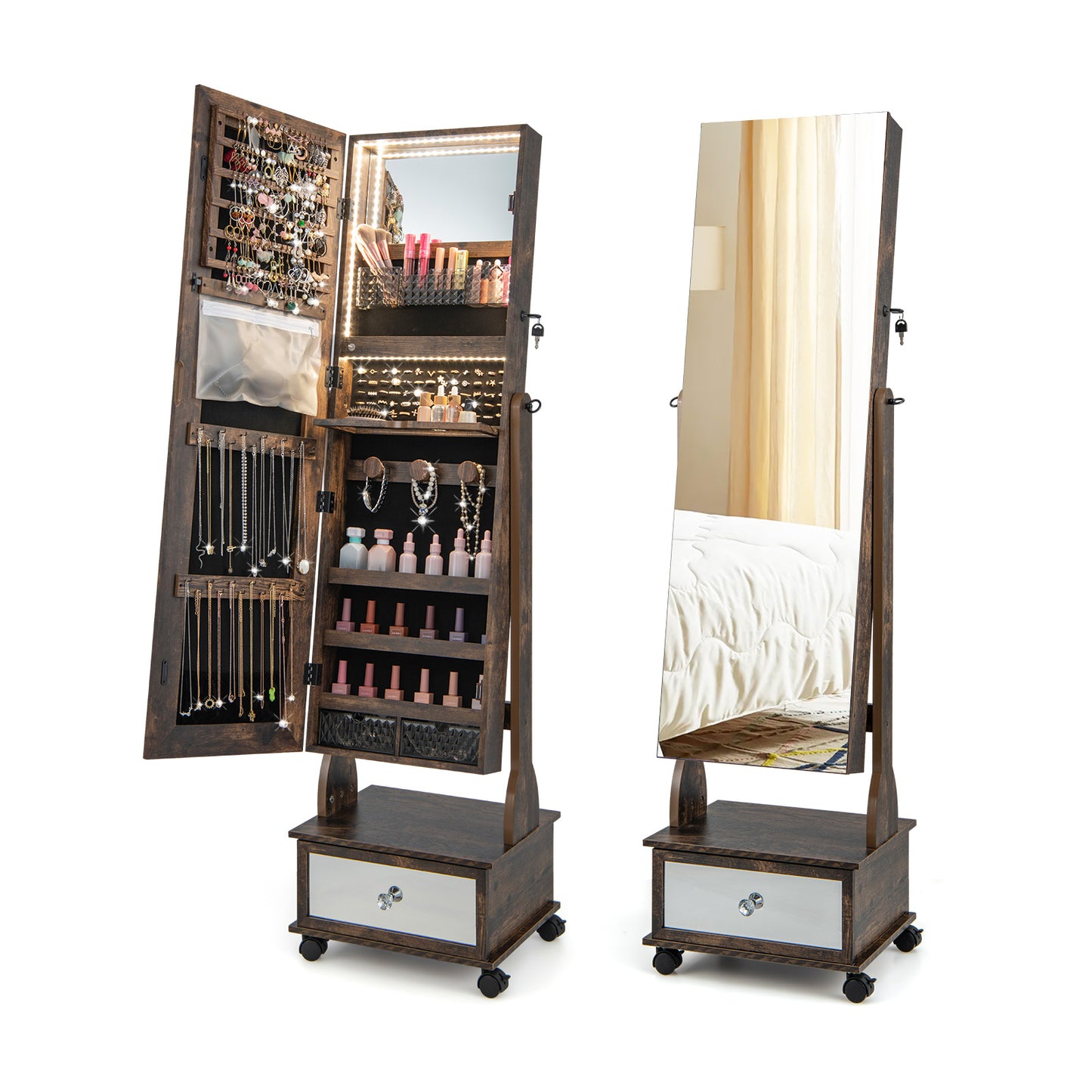 47 Inch Lockable Jewelry Cabinet Armoire with 3-Color LED Lights-White - Rustic Brown