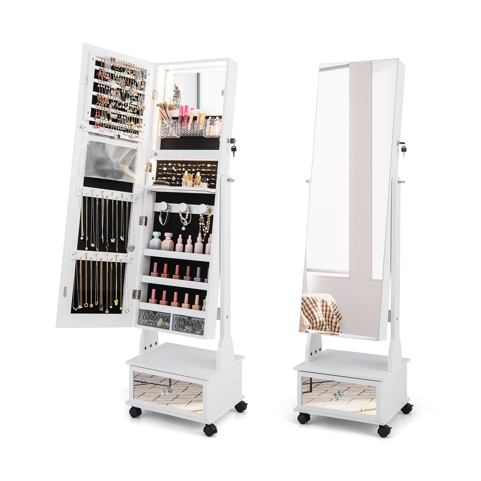 47 Inch Lockable Jewelry Cabinet Armoire with 3-Color LED Lights-White - White