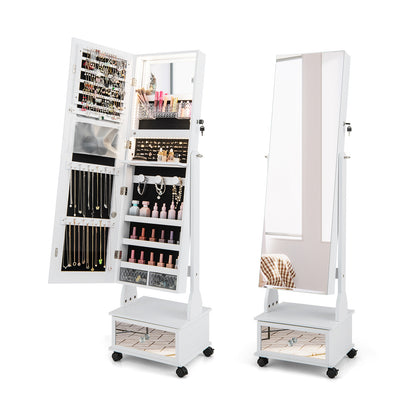 47 Inch Lockable Jewelry Cabinet Armoire with 3-Color LED Lights-White - White