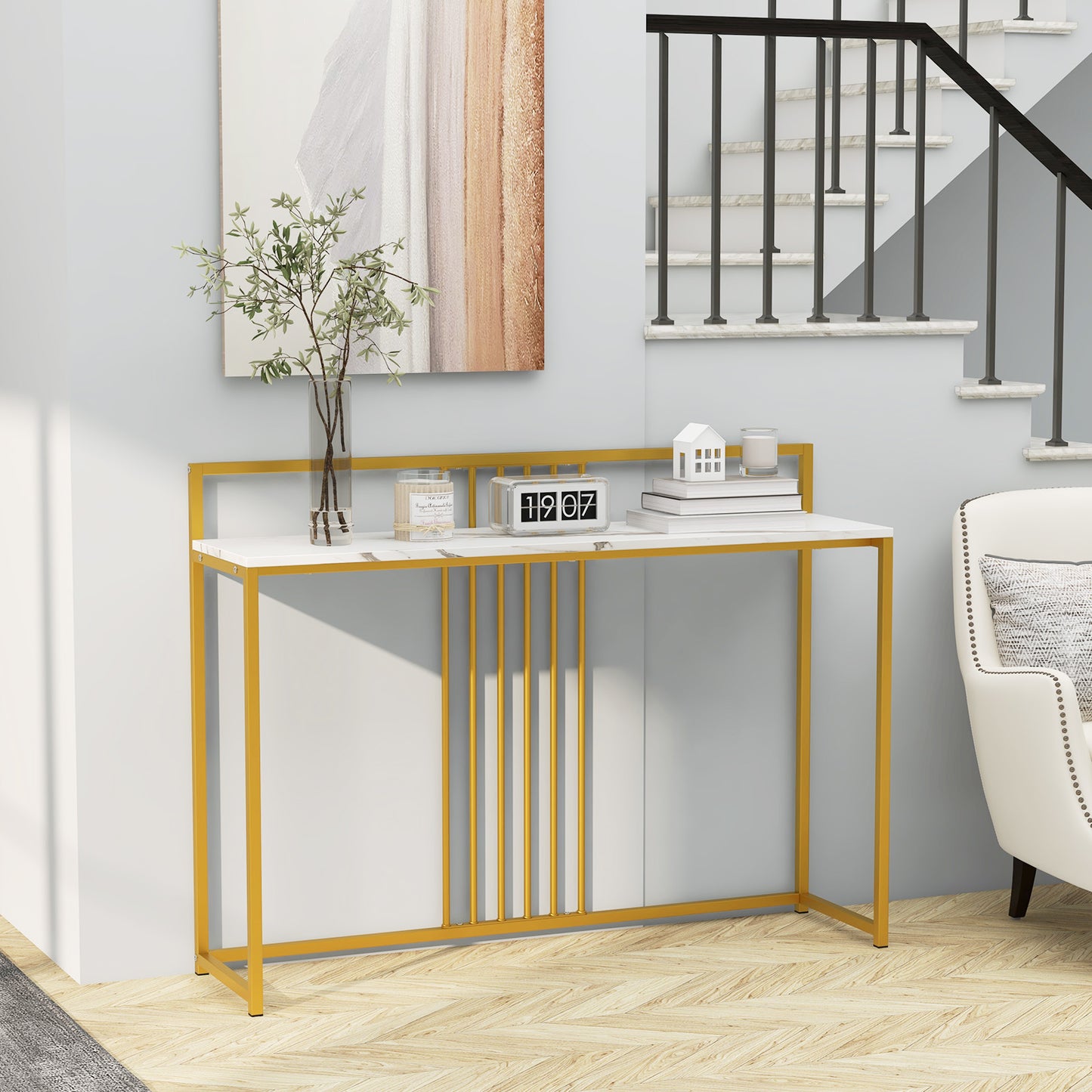 47 Inch Long Entryway Table with Faux Marble Top and Baffle-White
