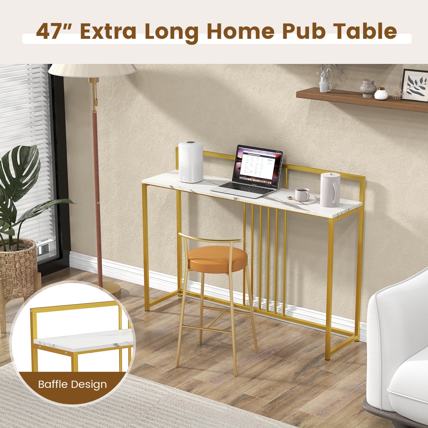 47 Inch Long Entryway Table with Faux Marble Top and Baffle-White