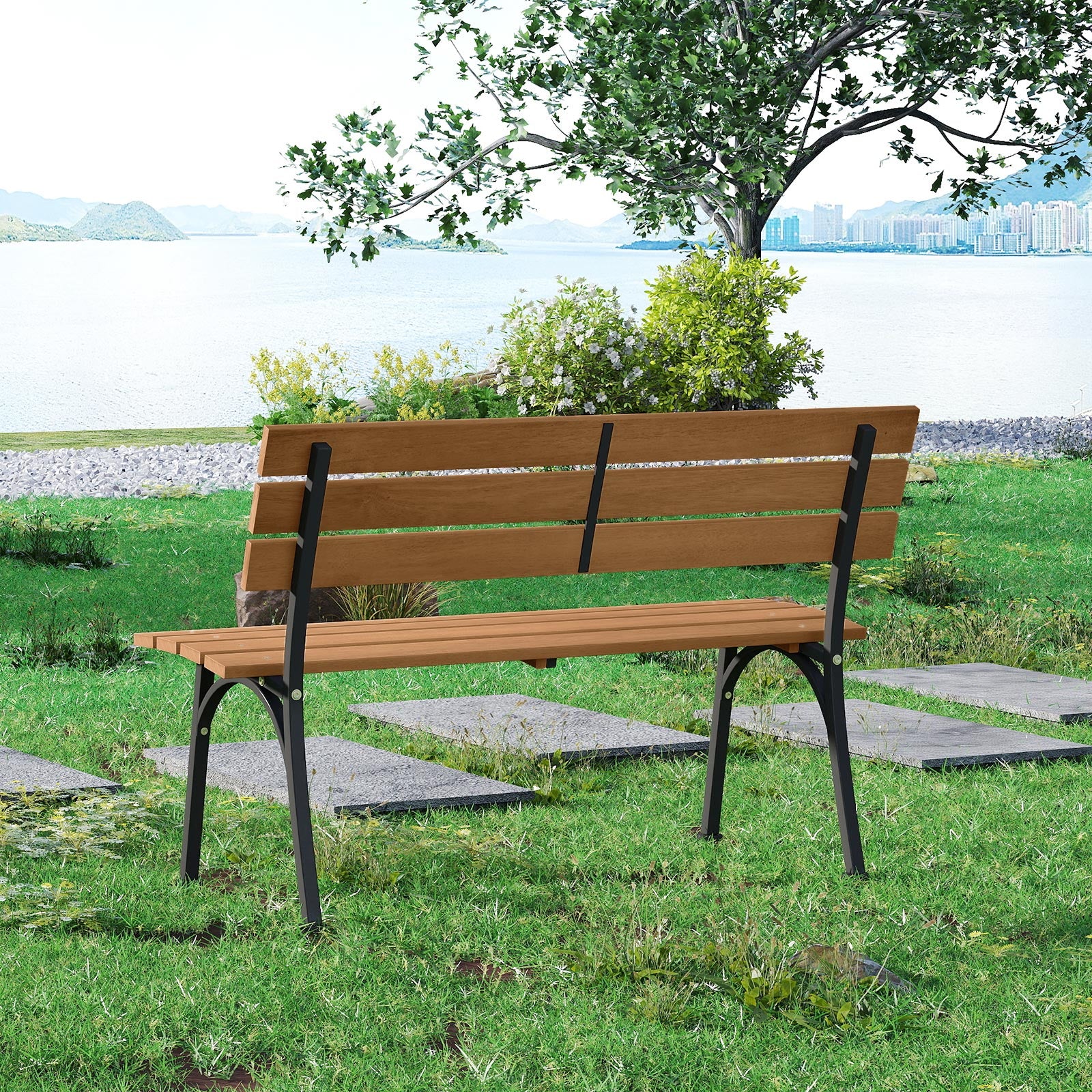 47 Inch Outdoor Acacia Wood Bench with Metal Frame and Slatted Seat