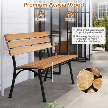 47 Inch Outdoor Acacia Wood Bench with Metal Frame and Slatted Seat