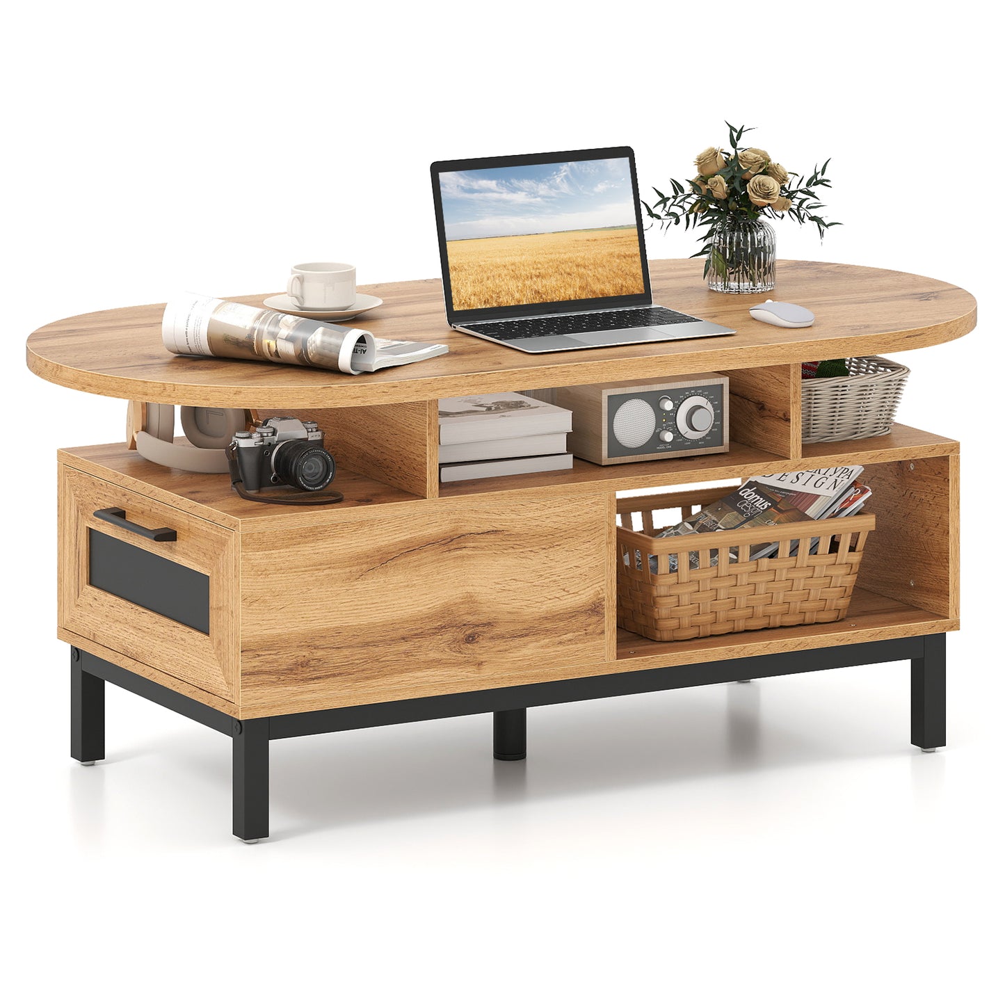 47 Inch Oval Coffee Table with Storage and Open Compartments for Living Room-Natural