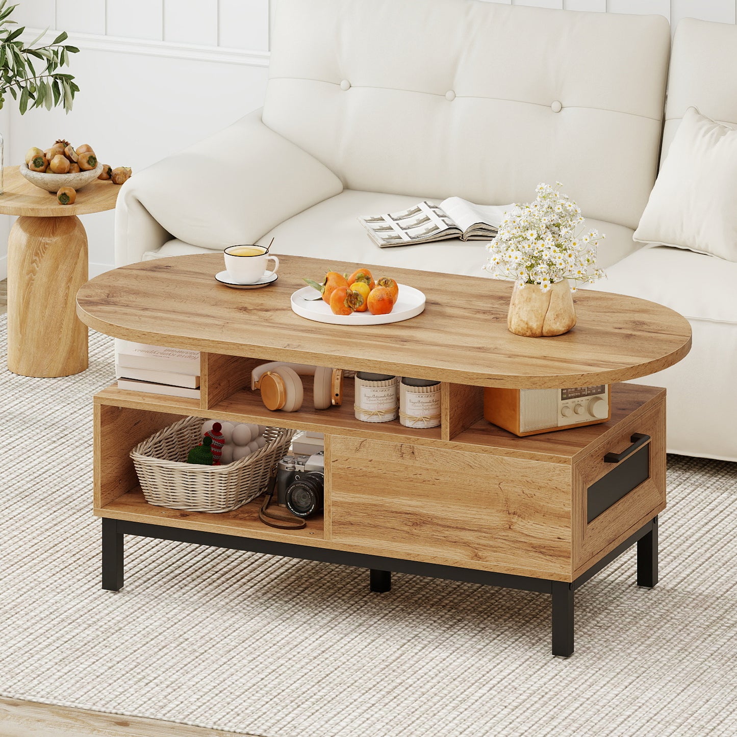 47 Inch Oval Coffee Table with Storage and Open Compartments for Living Room-Natural