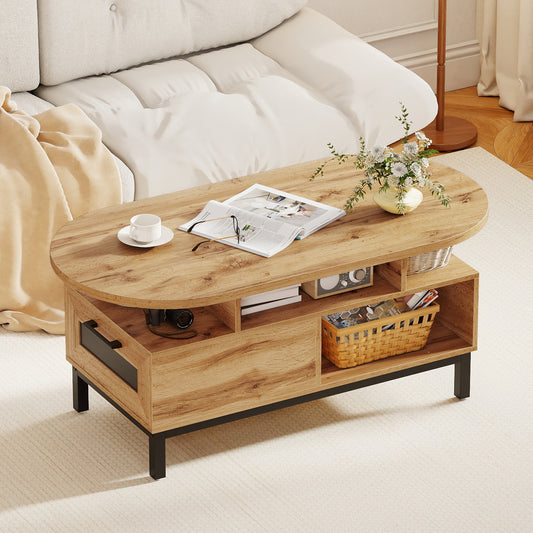 47 Inch Oval Coffee Table with Storage and Open Compartments for Living Room-Natural