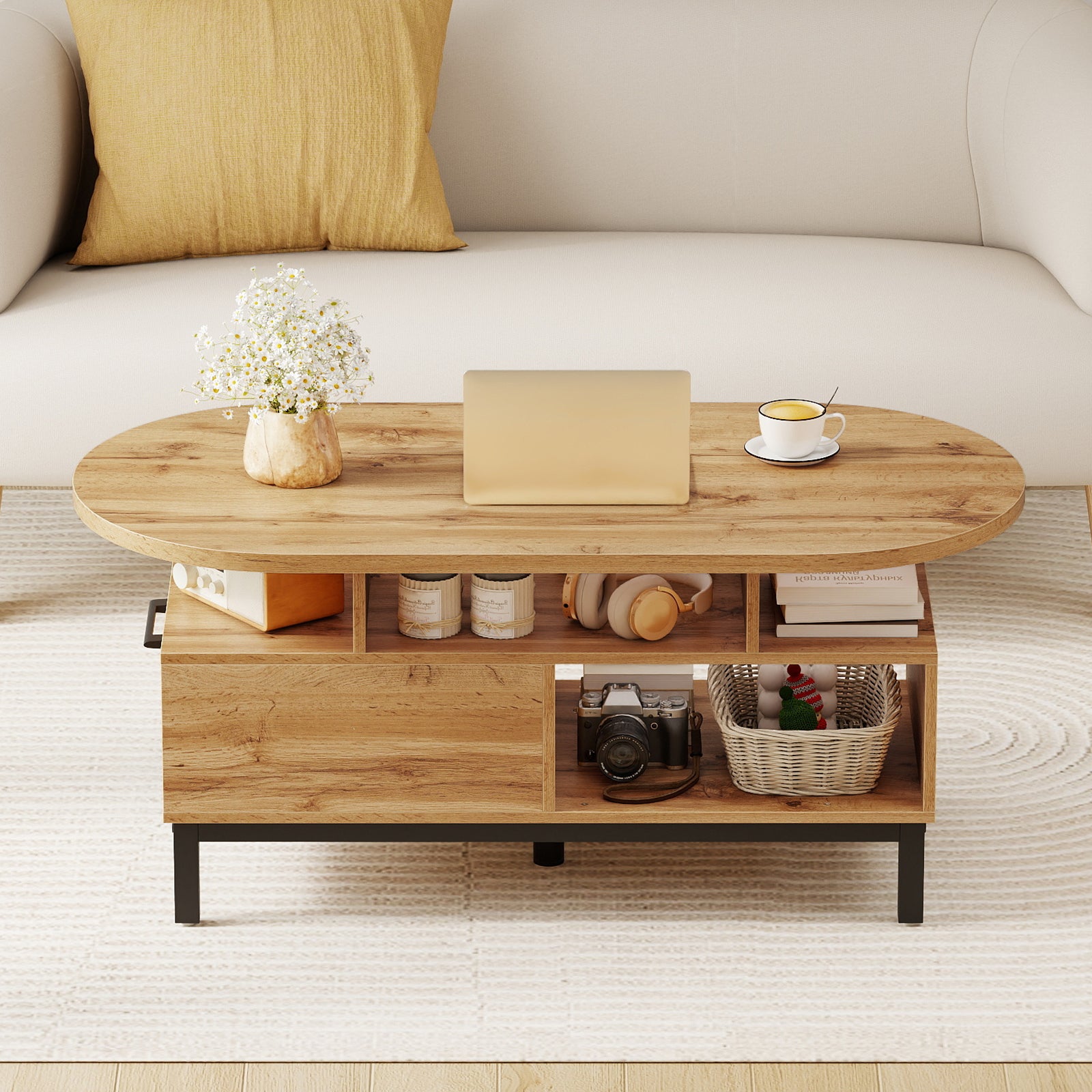 47 Inch Oval Coffee Table with Storage and Open Compartments for Living Room-Natural