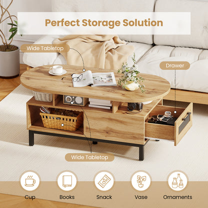 47 Inch Oval Coffee Table with Storage and Open Compartments for Living Room-Natural