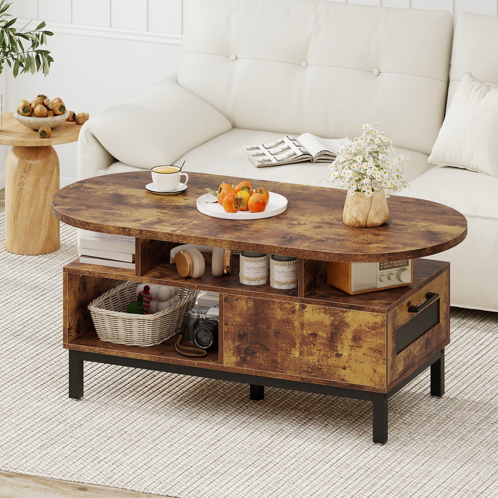 47 Inch Oval Coffee Table with Storage and Open Compartments for Living Room-Rustic Brown
