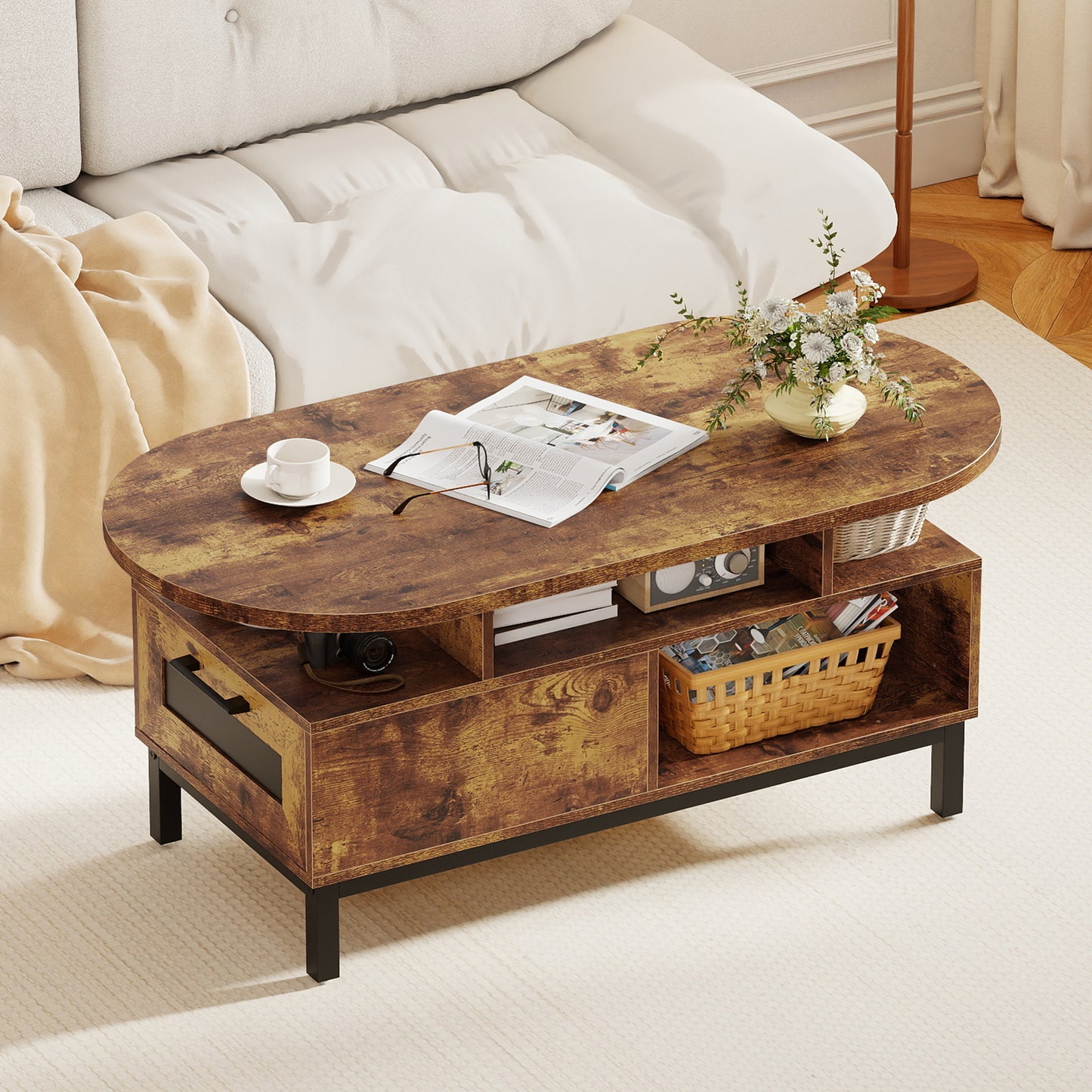 47 Inch Oval Coffee Table with Storage and Open Compartments for Living Room-Rustic Brown