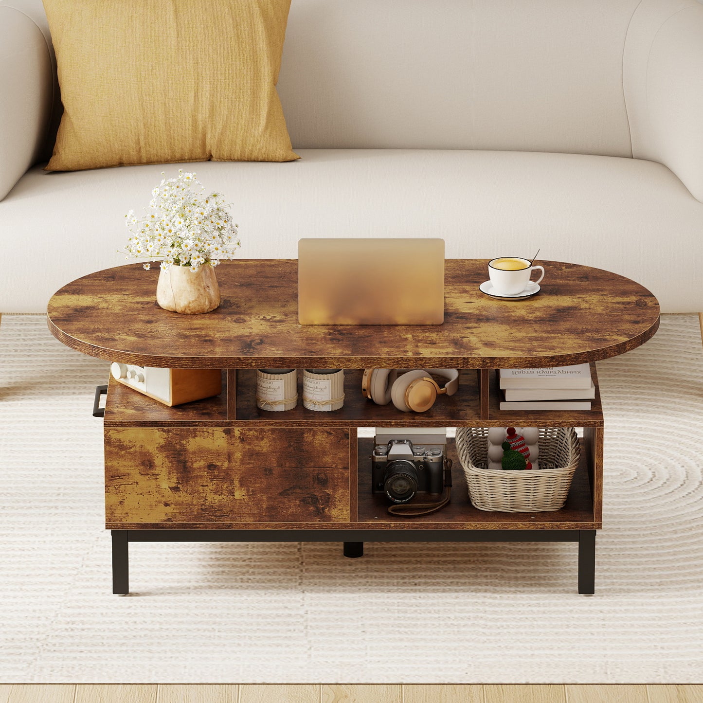 47 Inch Oval Coffee Table with Storage and Open Compartments for Living Room-Rustic Brown