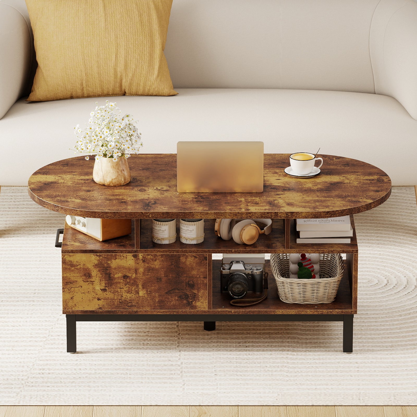 47 Inch Oval Coffee Table with Storage and Open Compartments for Living Room-Rustic Brown