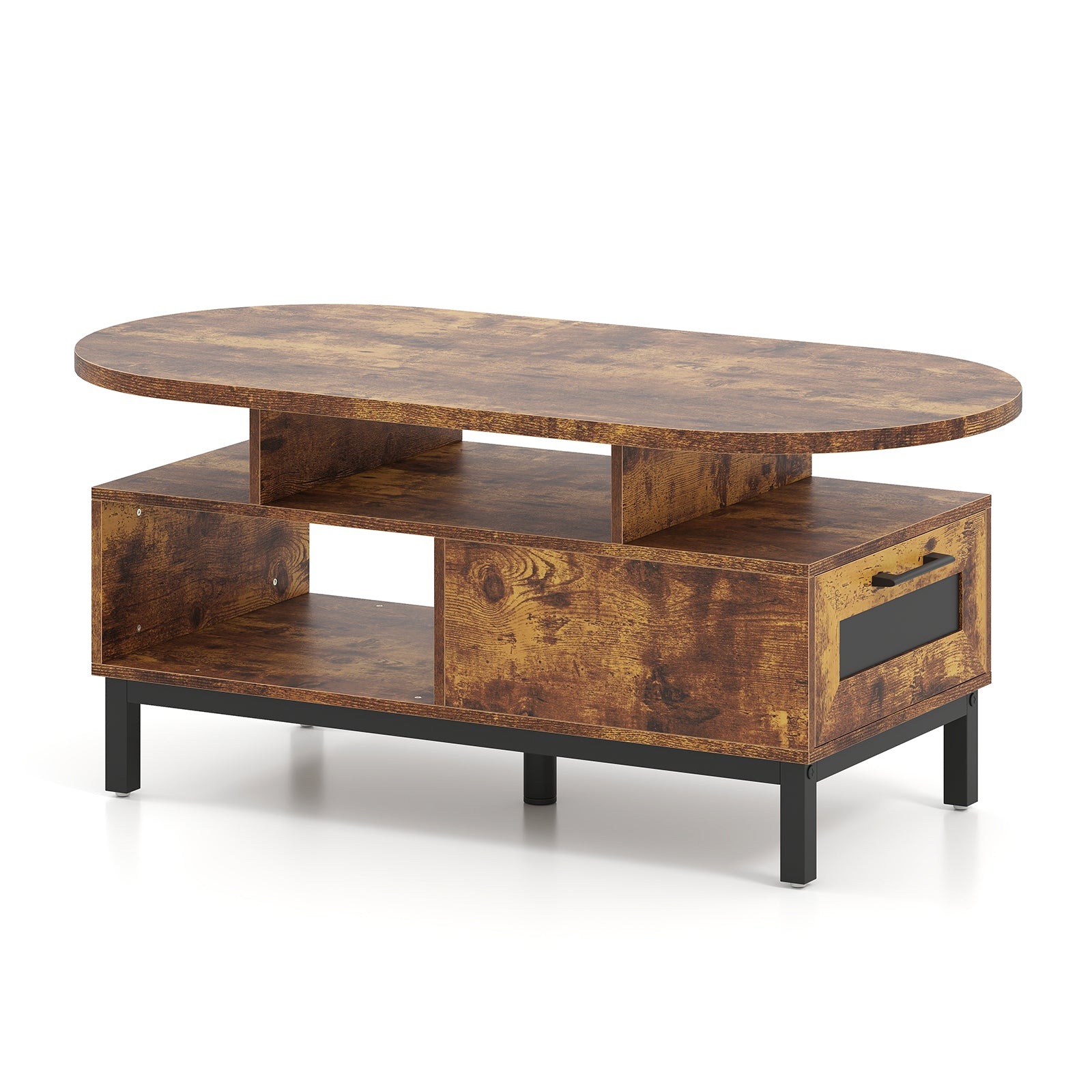 47 Inch Oval Coffee Table with Storage and Open Compartments for Living Room-Rustic Brown