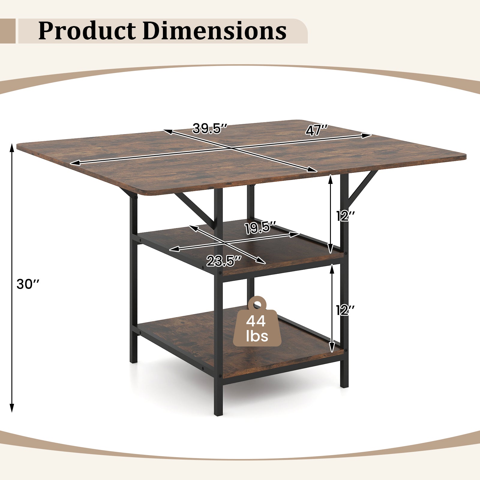 47 Inch Rectangular Dining Table with 2 Open Storage Shelves and Sturdy Metal Legs for 4-6-Rustic Brown costway2