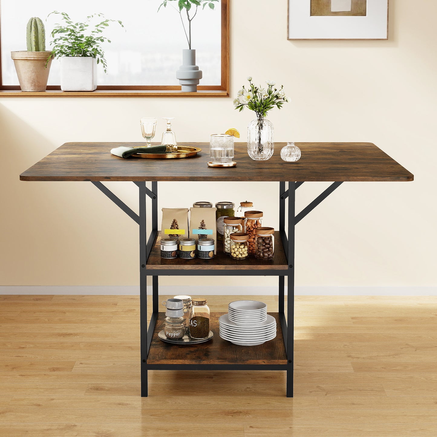 47 Inch Rectangular Dining Table with 2 Open Storage Shelves and Sturdy Metal Legs for 4-6-Rustic Brown costway2