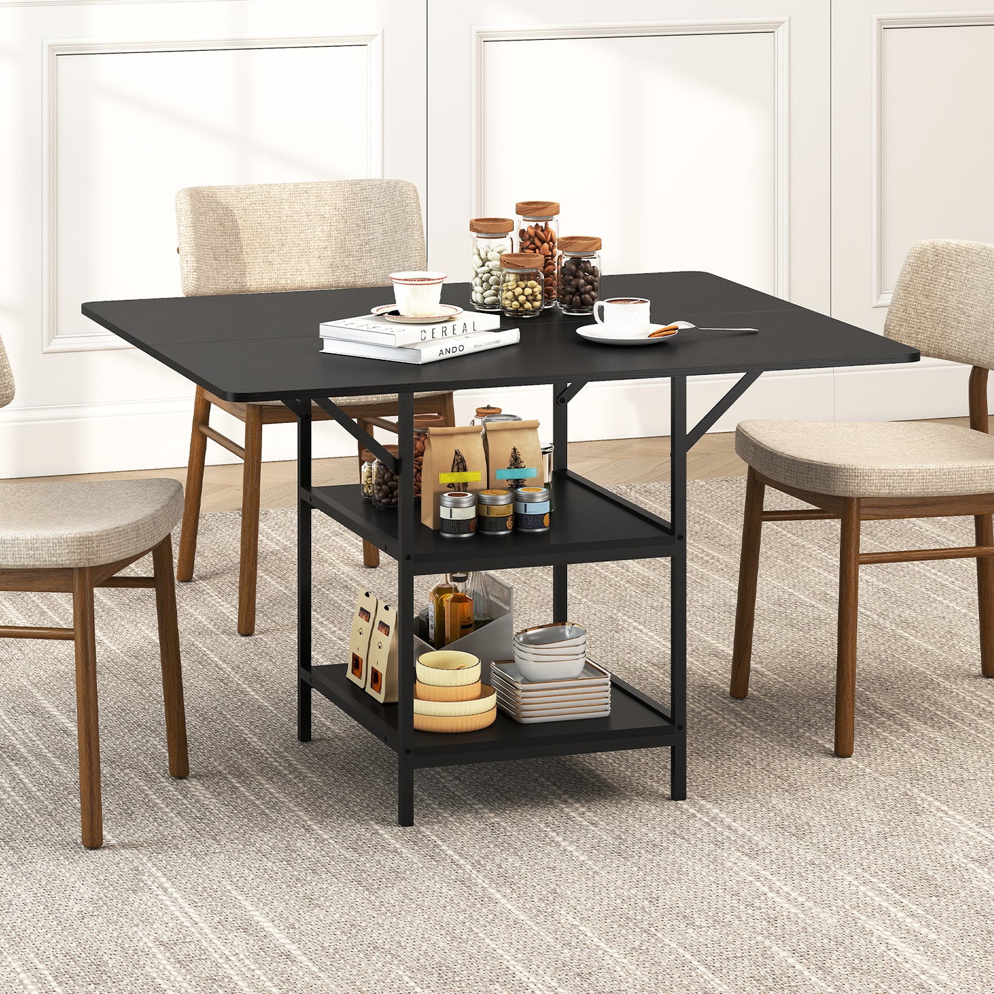 47 Inch Rectangular Dining Table with 2 Open Storage Shelves and Sturdy Metal Legs for 4-6-Black costway3