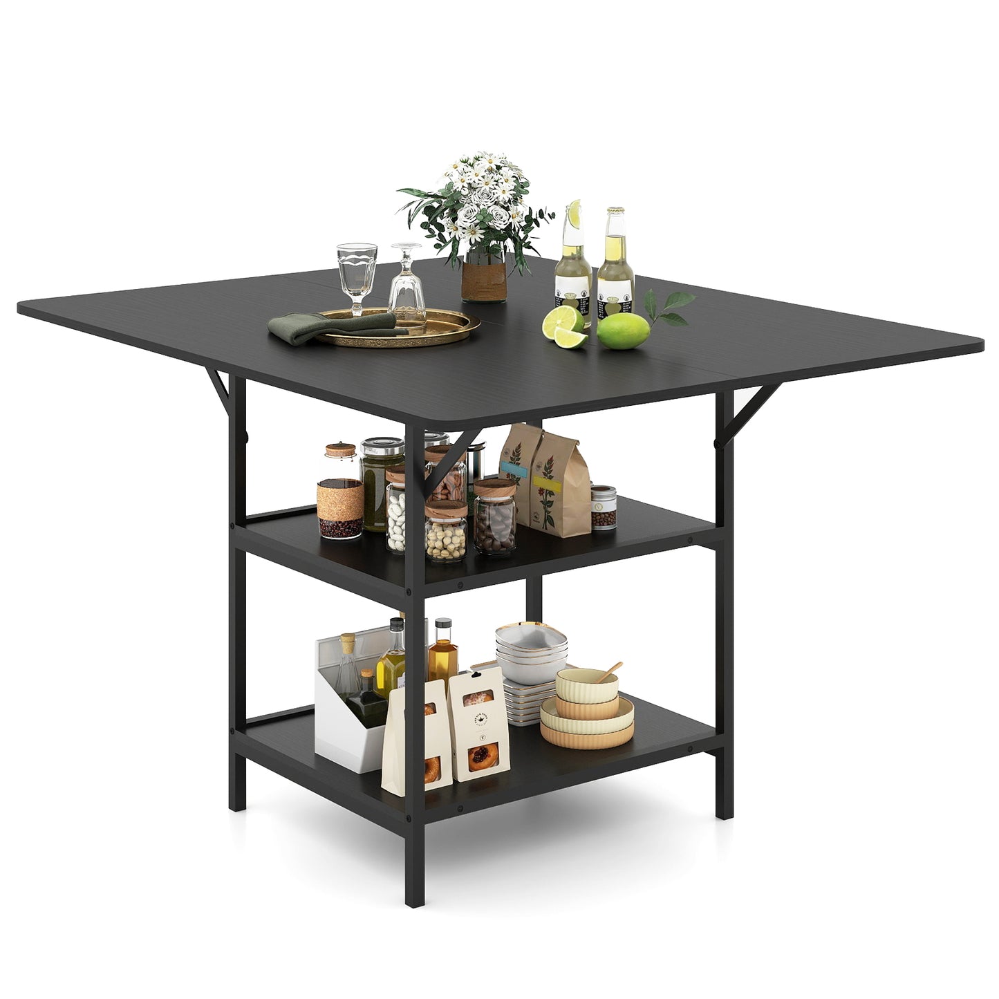 47 Inch Rectangular Dining Table with 2 Open Storage Shelves and Sturdy Metal Legs for 4-6-Black costway3