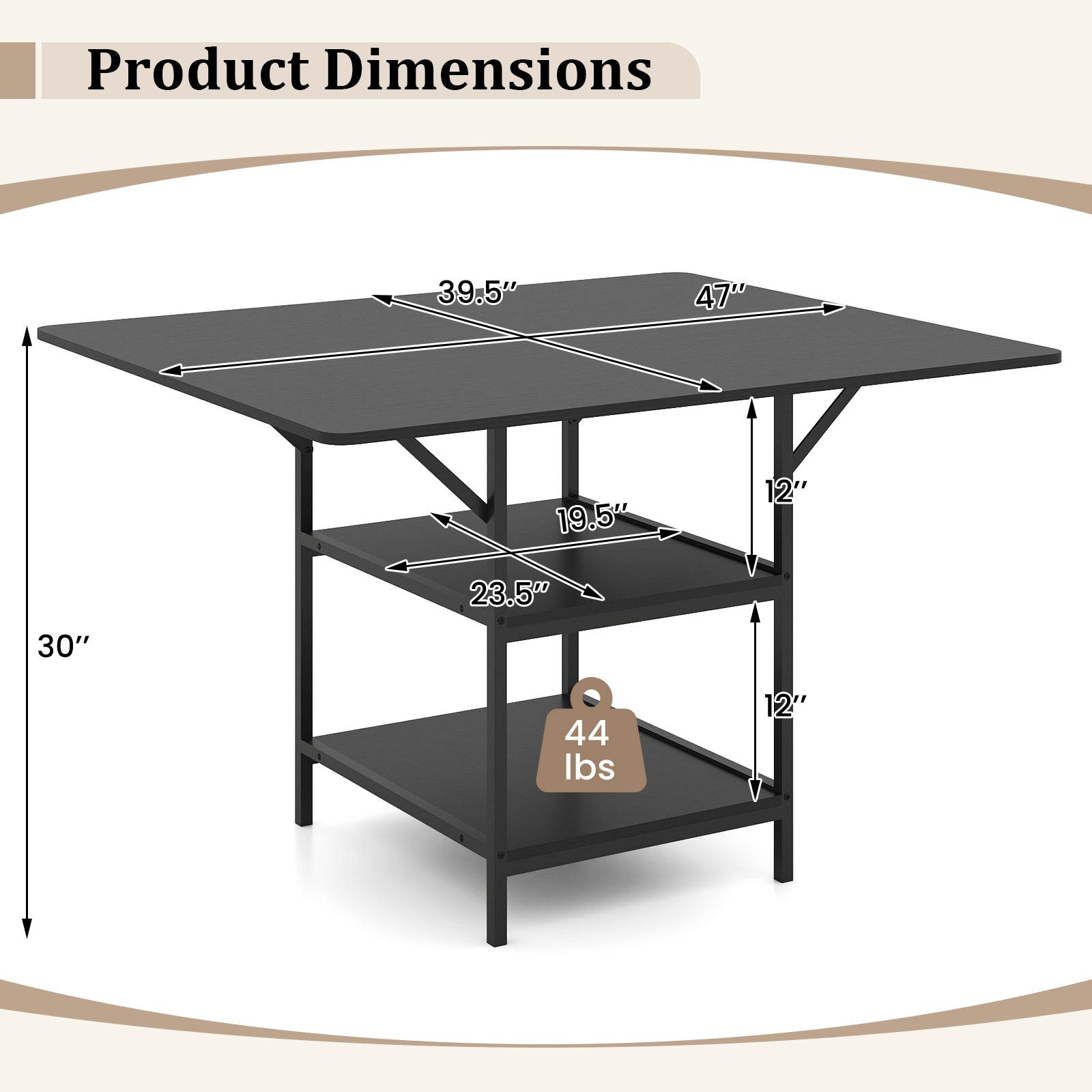 47 Inch Rectangular Dining Table with 2 Open Storage Shelves and Sturdy Metal Legs for 4-6-Black costway3