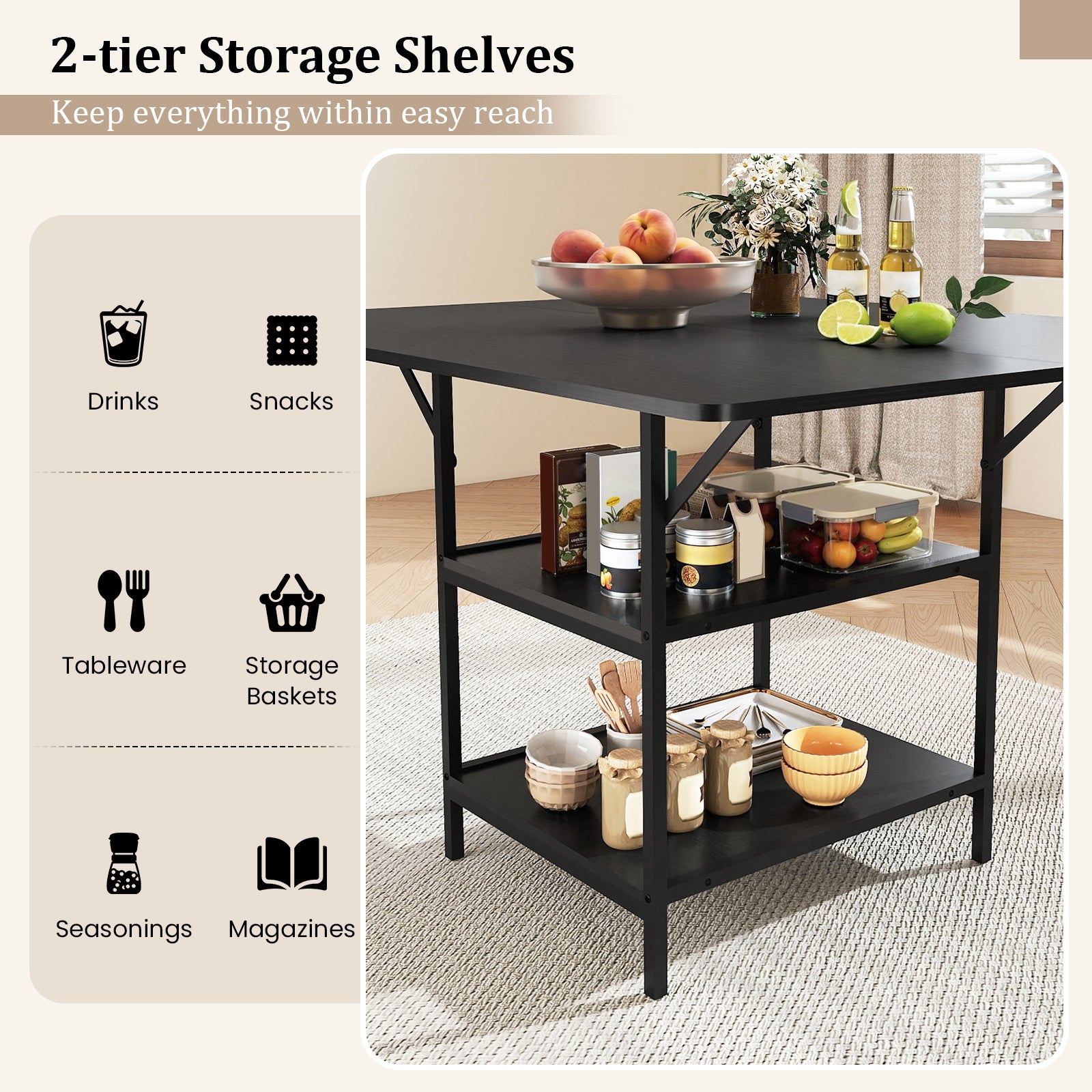 47 Inch Rectangular Dining Table with 2 Open Storage Shelves and Sturdy Metal Legs for 4-6-Black costway3