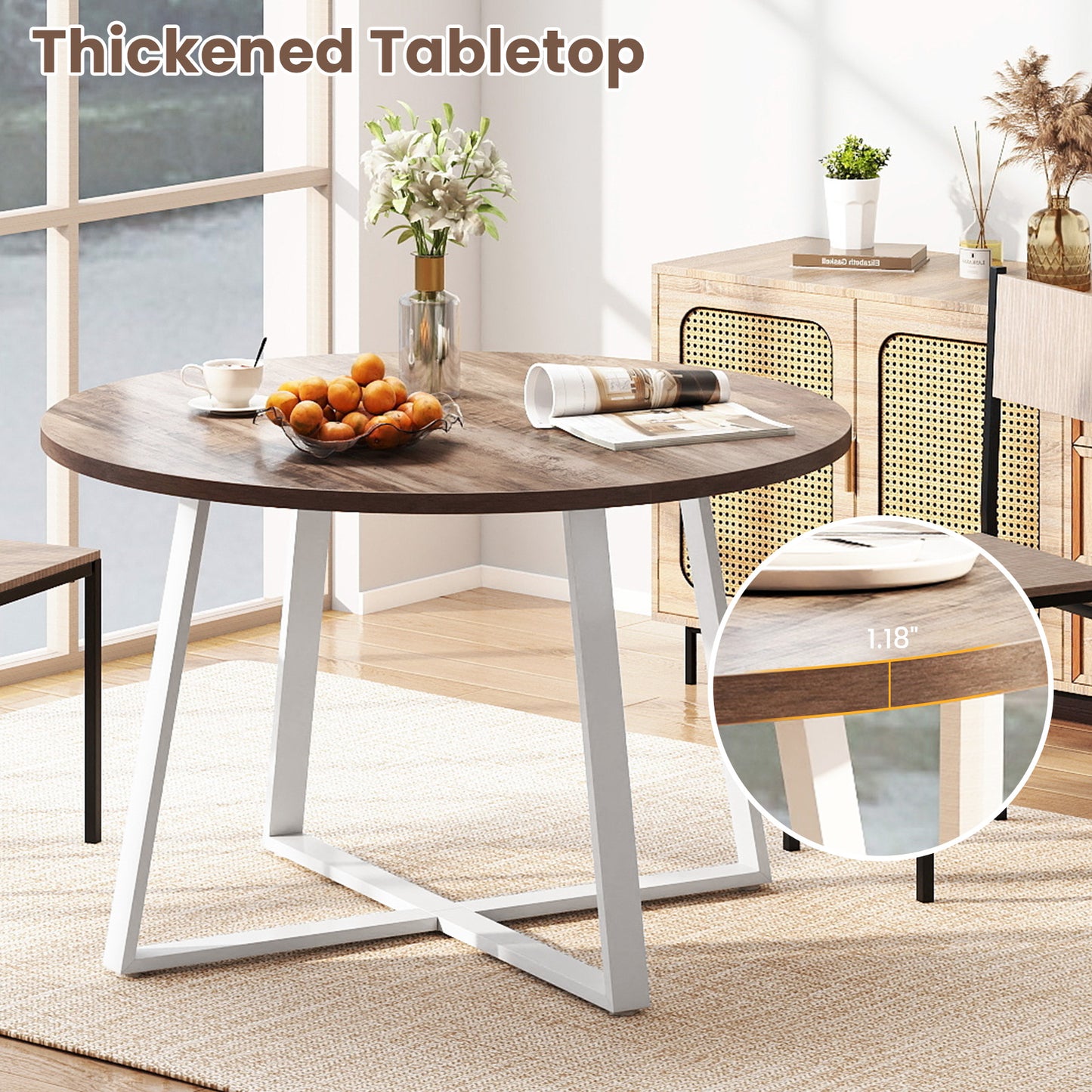 47 Inch Round Dining Table with Stable X-shaped Base and Round Thickened Tabletop-Natural