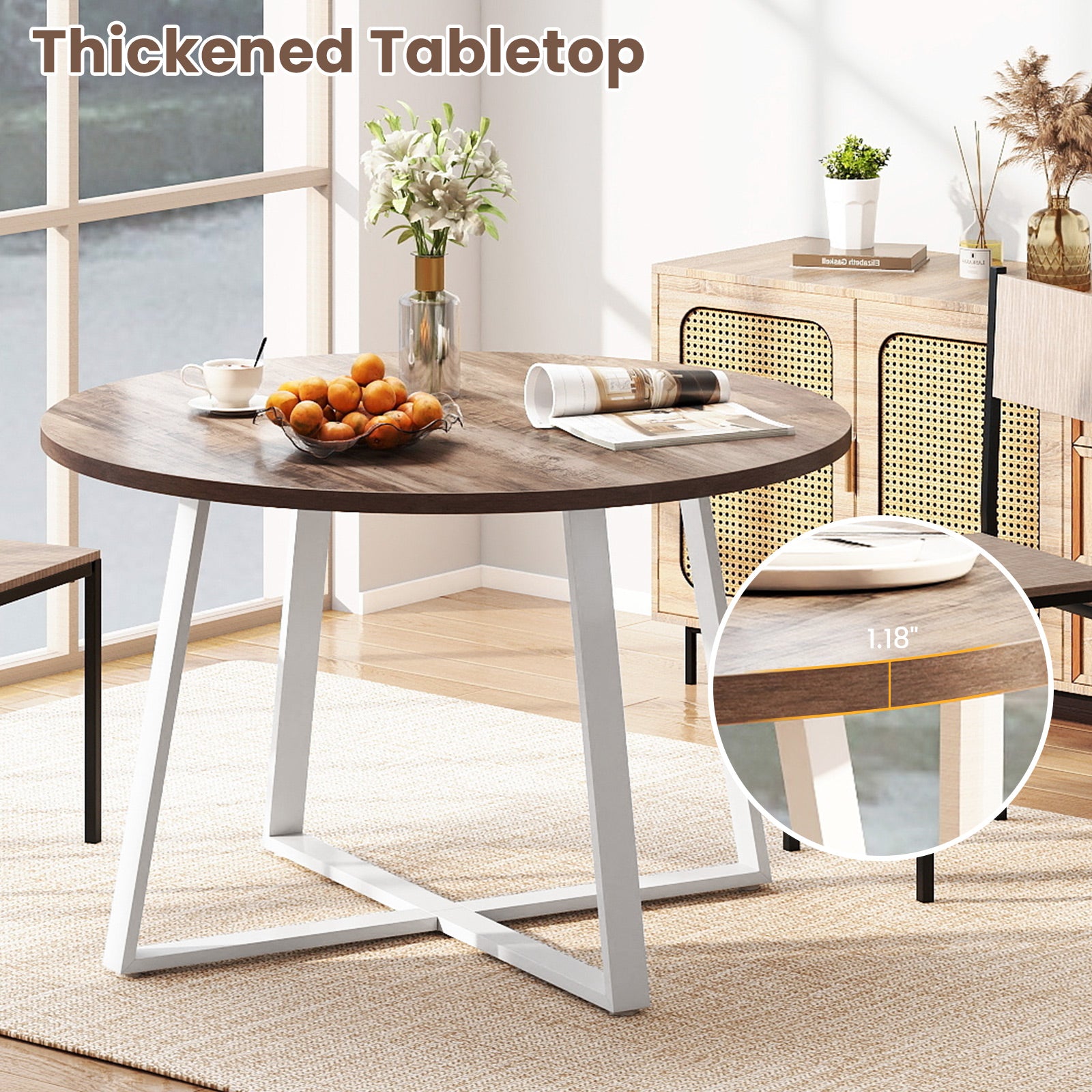 47 Inch Round Dining Table with Stable X-shaped Base and Round Thickened Tabletop-Natural