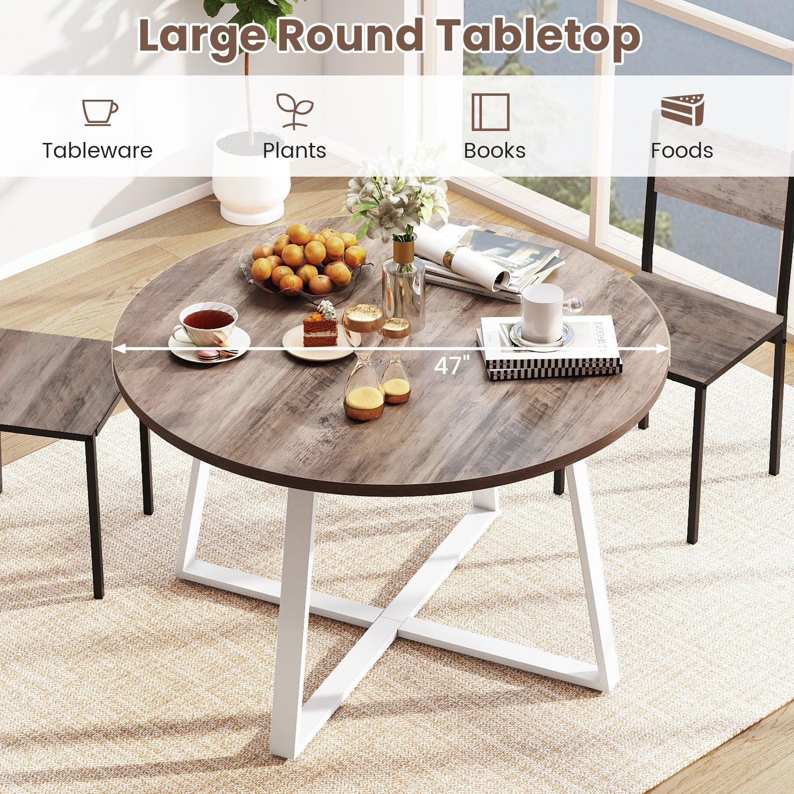 47 Inch Round Dining Table with Stable X-shaped Base and Round Thickened Tabletop-Natural