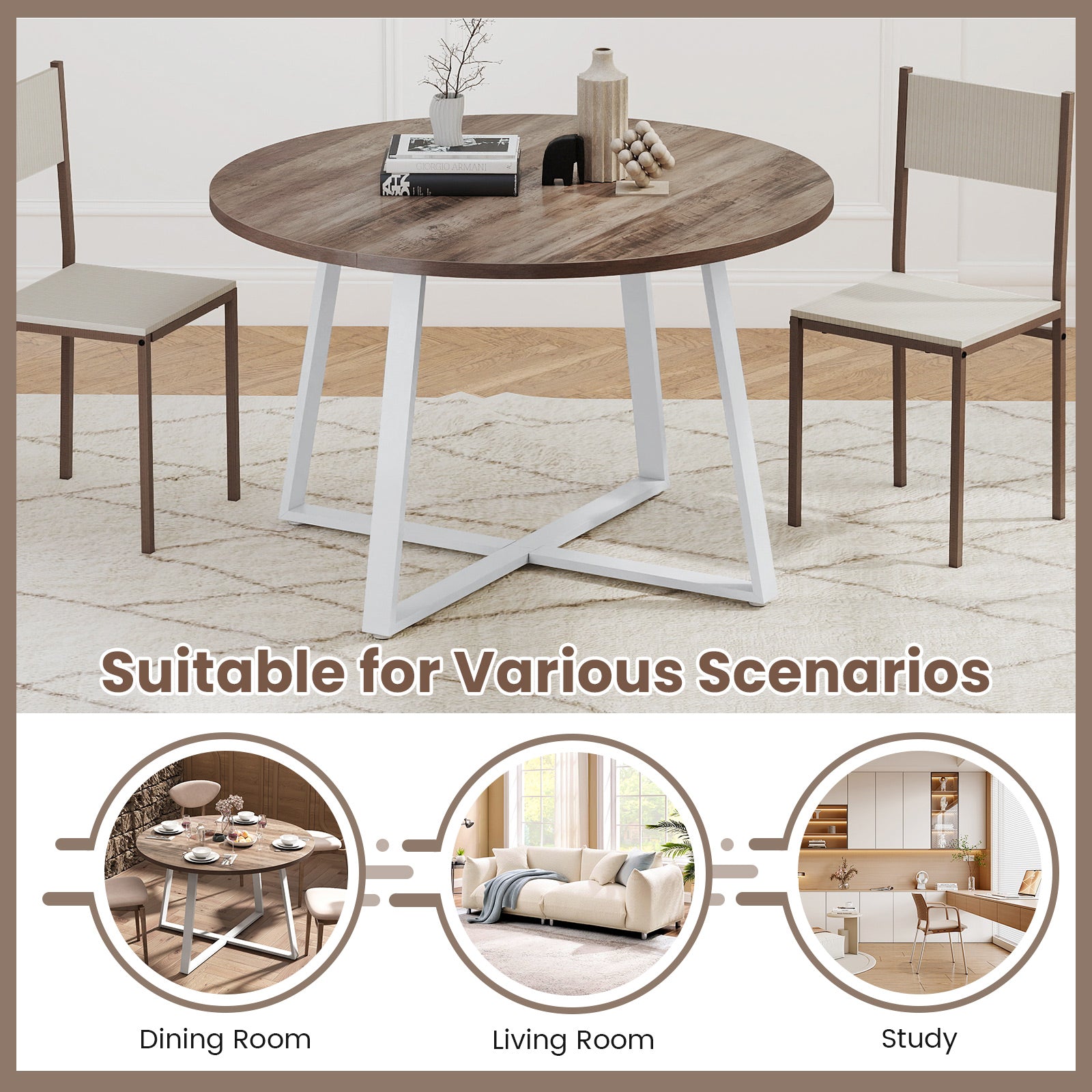 47 Inch Round Dining Table with Stable X-shaped Base and Round Thickened Tabletop-Natural