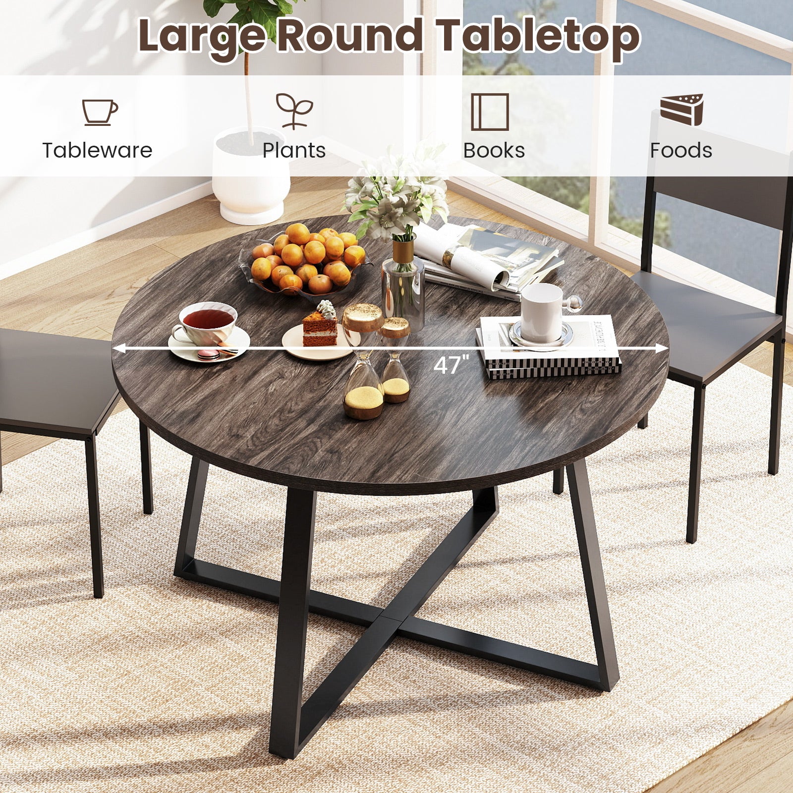 47 Inch Round Dining Table with Stable X-shaped Base and Round Thickened Tabletop-Grey