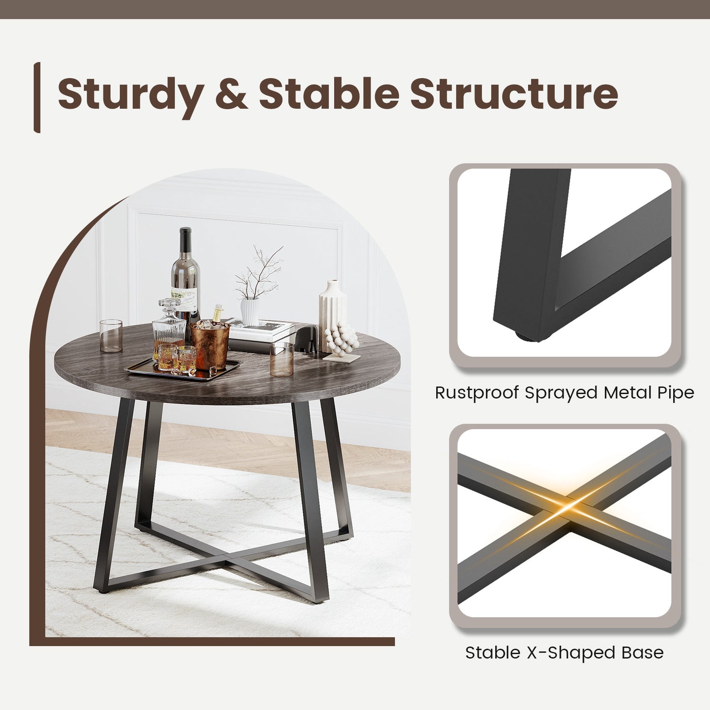 47 Inch Round Dining Table with Stable X-shaped Base and Round Thickened Tabletop-Grey