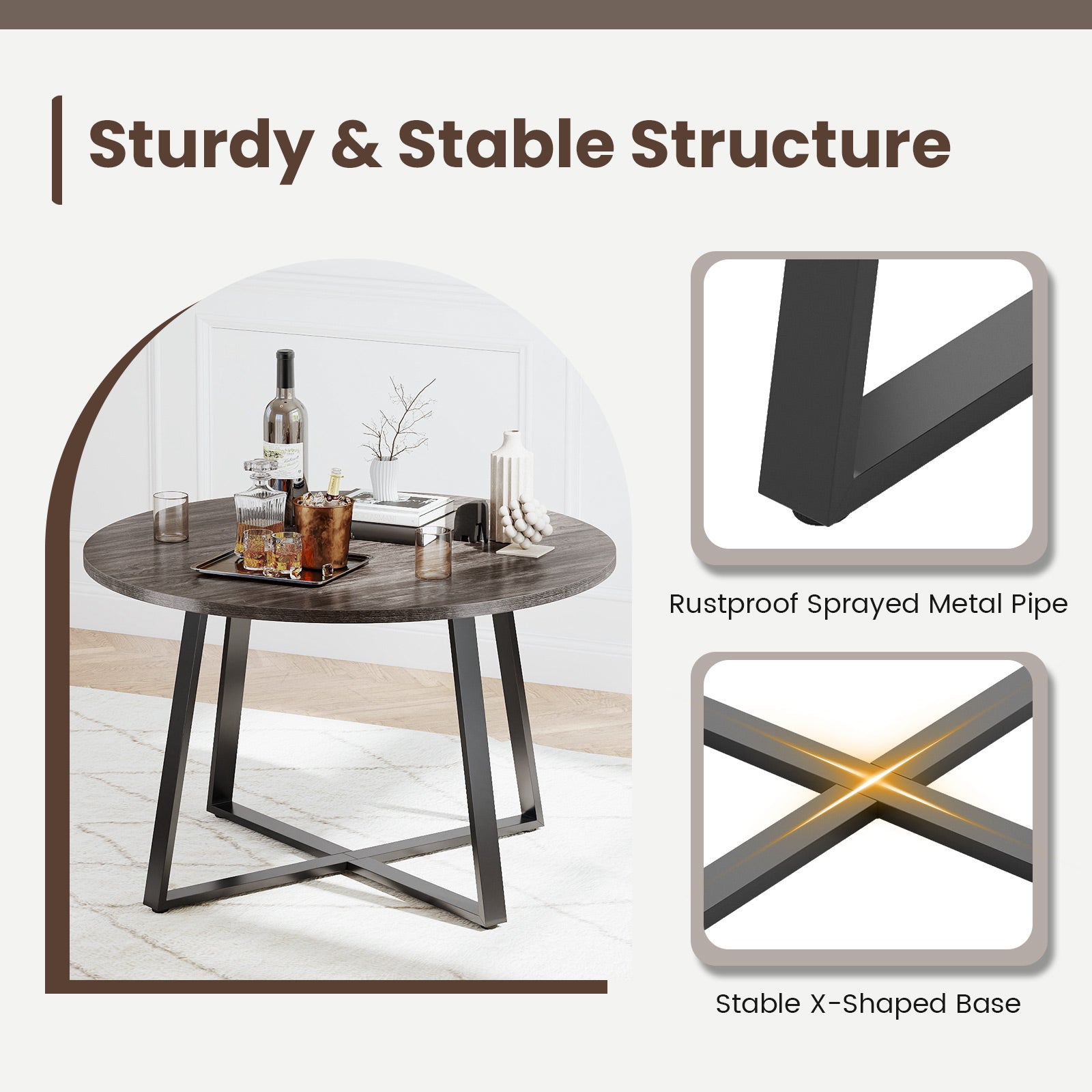47 Inch Round Dining Table with Stable X-shaped Base and Round Thickened Tabletop-Grey