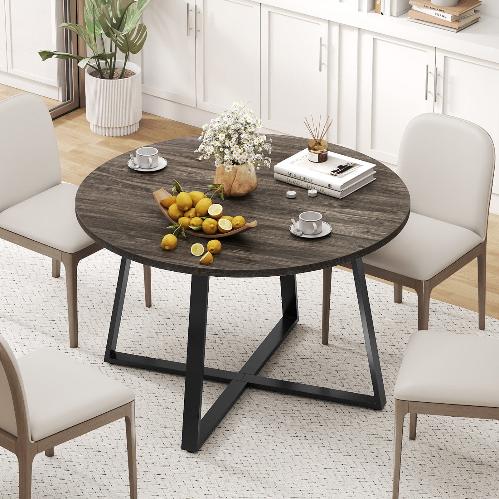 47 Inch Round Dining Table with Stable X-shaped Base and Round Thickened Tabletop-Grey