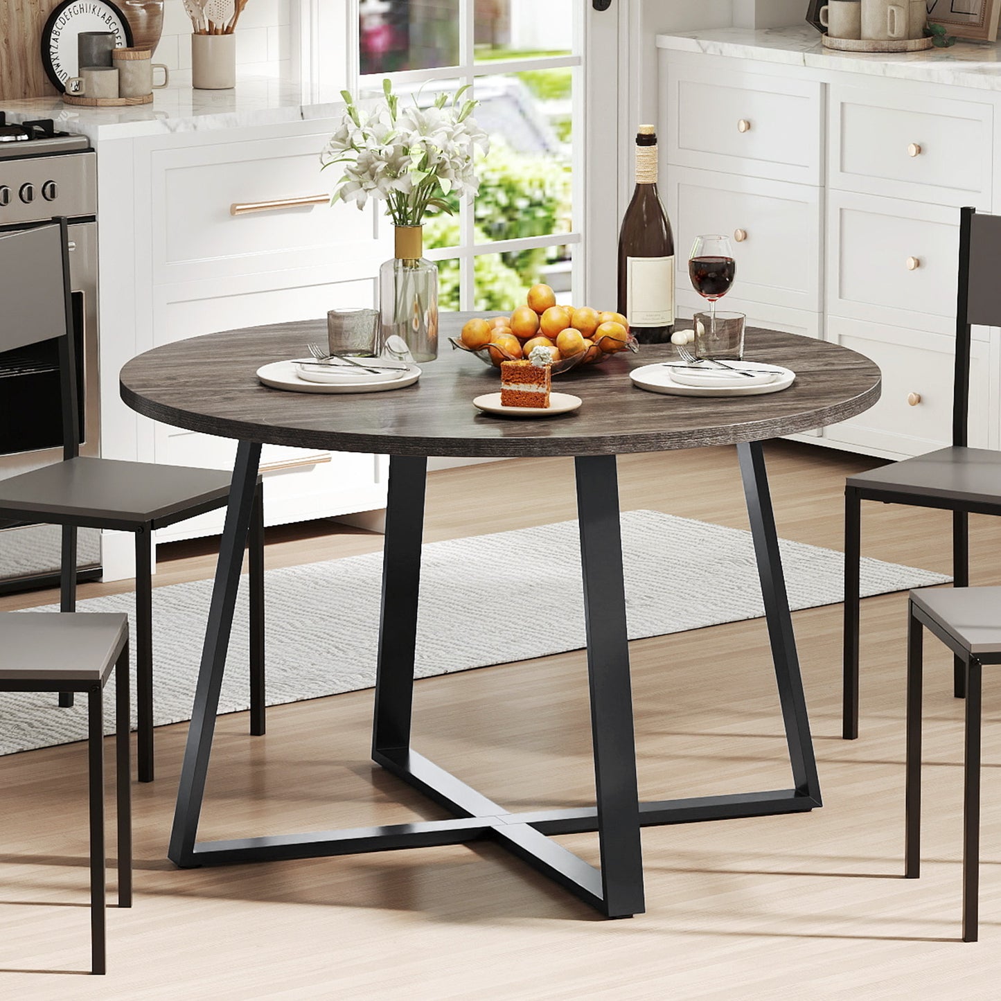 47 Inch Round Dining Table with Stable X-shaped Base and Round Thickened Tabletop-Grey