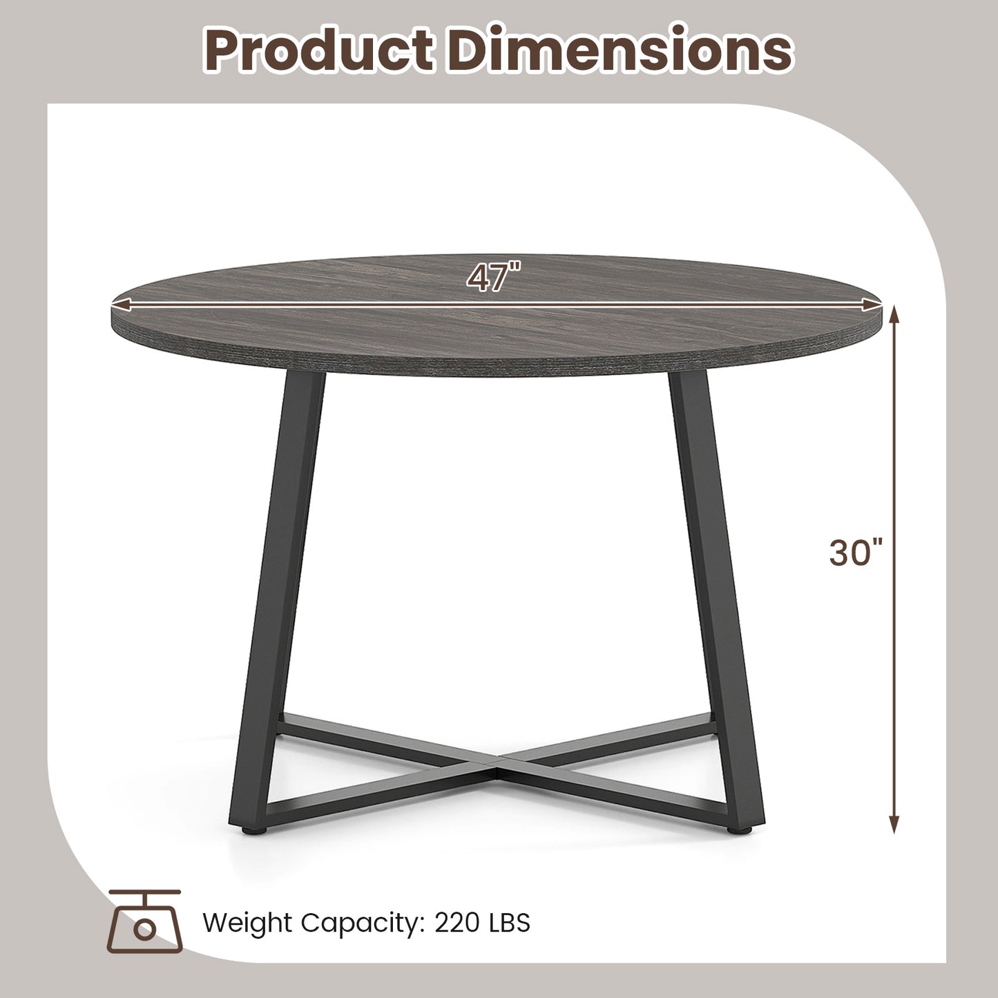 47 Inch Round Dining Table with Stable X-shaped Base and Round Thickened Tabletop-Grey