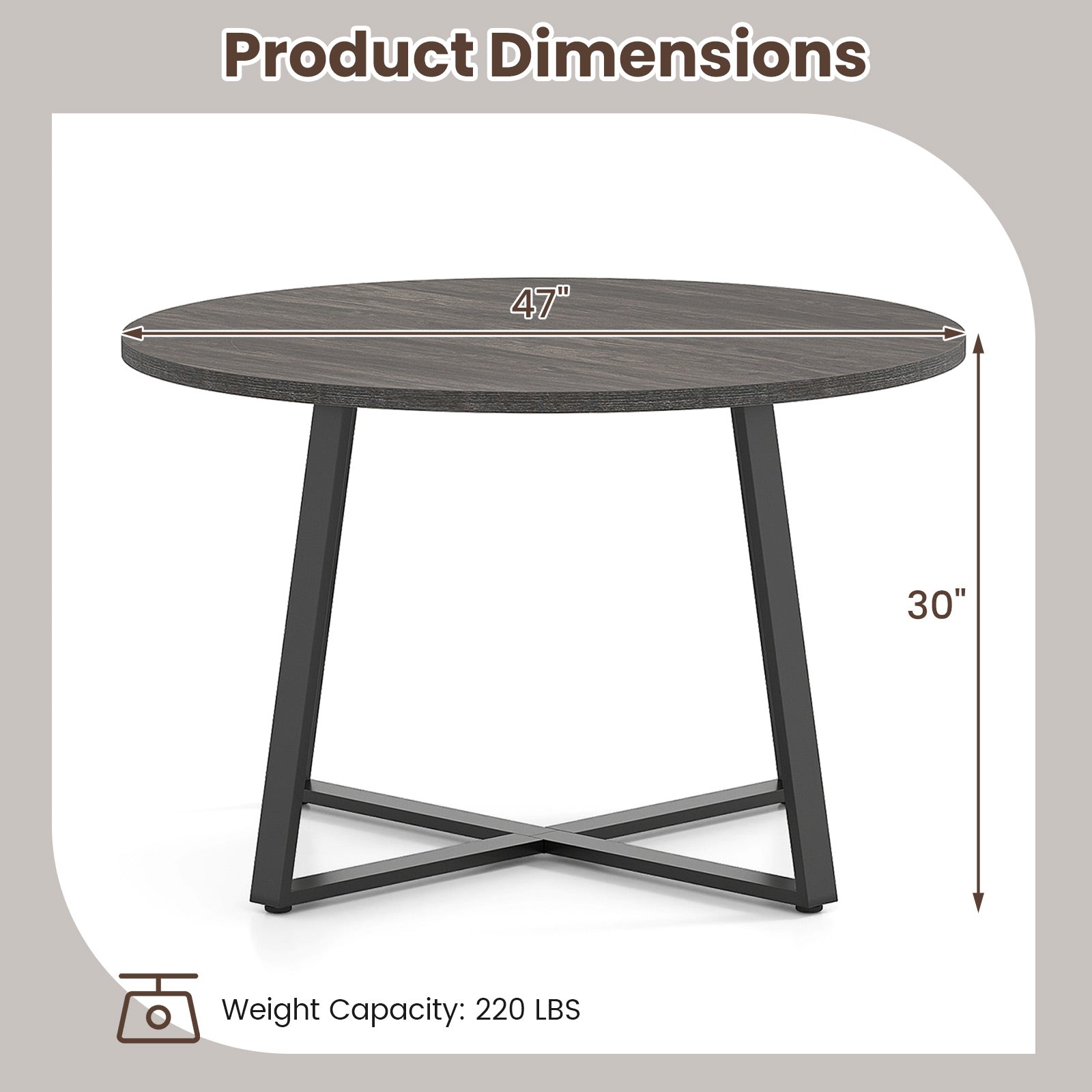 47 Inch Round Dining Table with Stable X-shaped Base and Round Thickened Tabletop-Grey