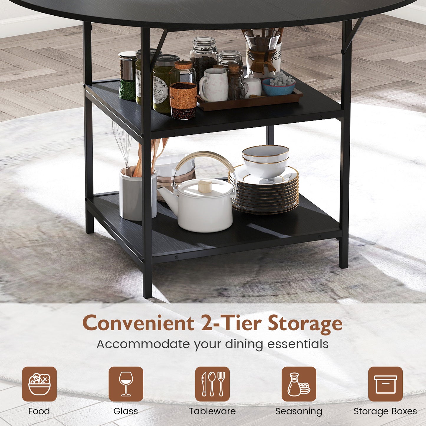 47 Inch Round Dining Table for 4-6 People Large Kitchen Table with 2-Tier Storage Shelves-Black