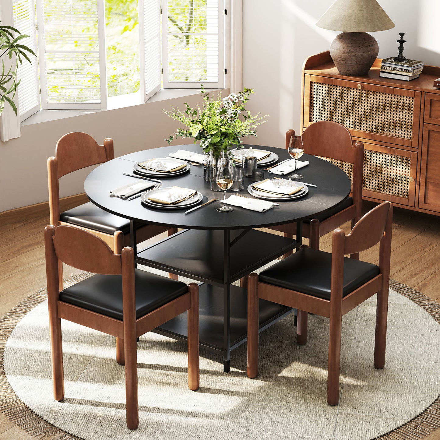 47 Inch Round Dining Table for 4-6 People Large Kitchen Table with 2-Tier Storage Shelves-Black