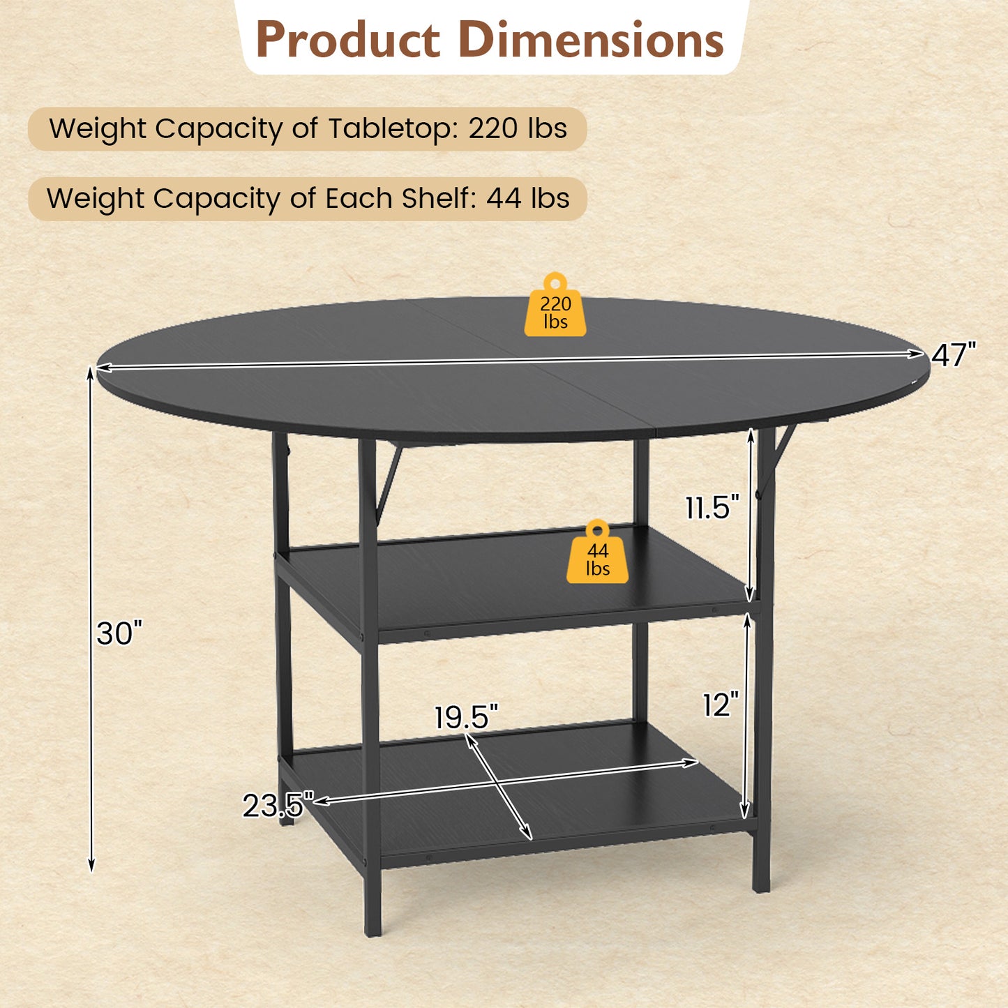 47 Inch Round Dining Table for 4-6 People Large Kitchen Table with 2-Tier Storage Shelves-Black
