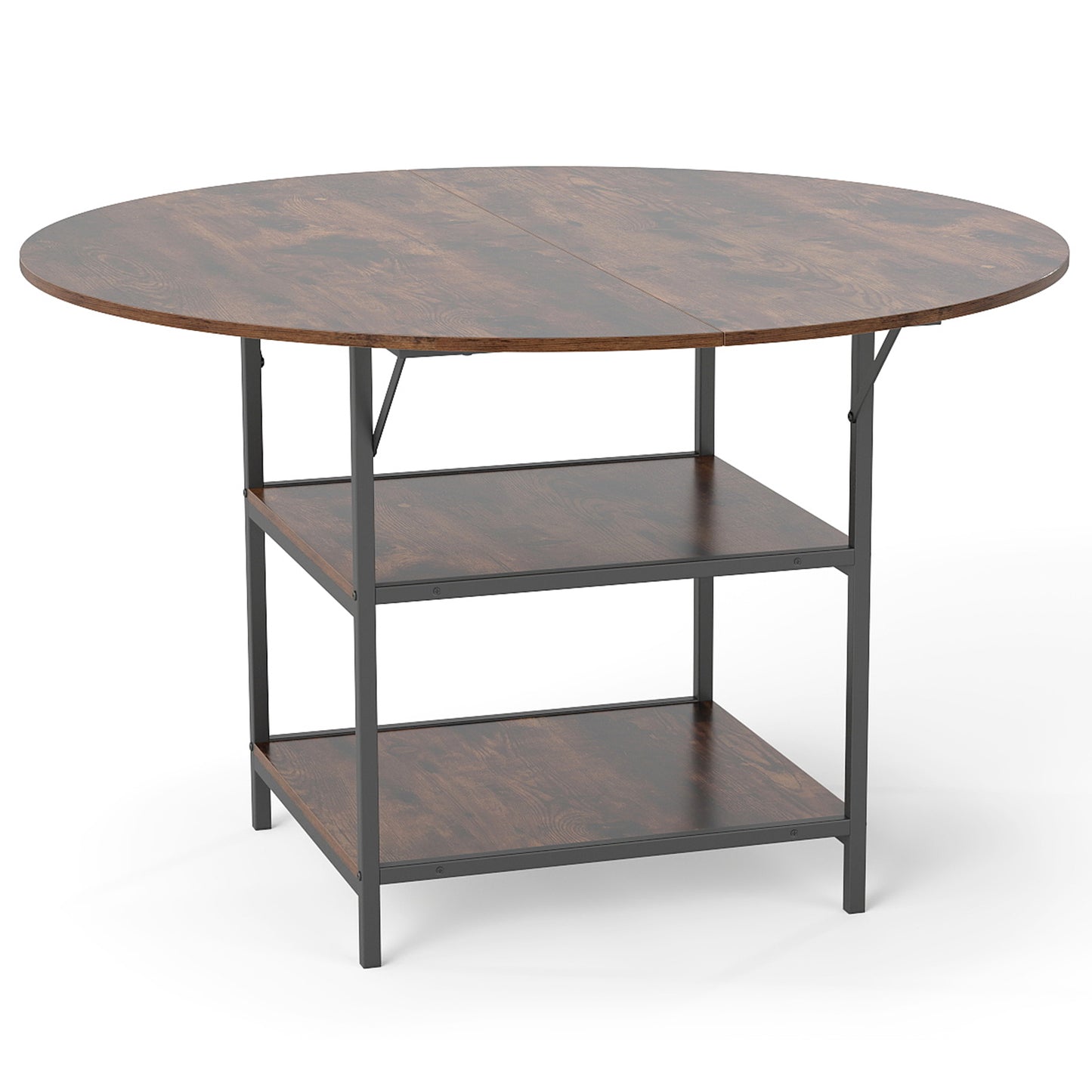47 Inch Round Dining Table for 4-6 People Large Kitchen Table with 2-Tier Storage Shelves-Rustic Brown