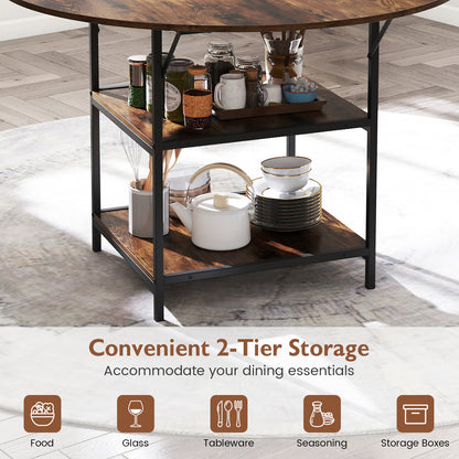 47 Inch Round Dining Table for 4-6 People Large Kitchen Table with 2-Tier Storage Shelves-Rustic Brown