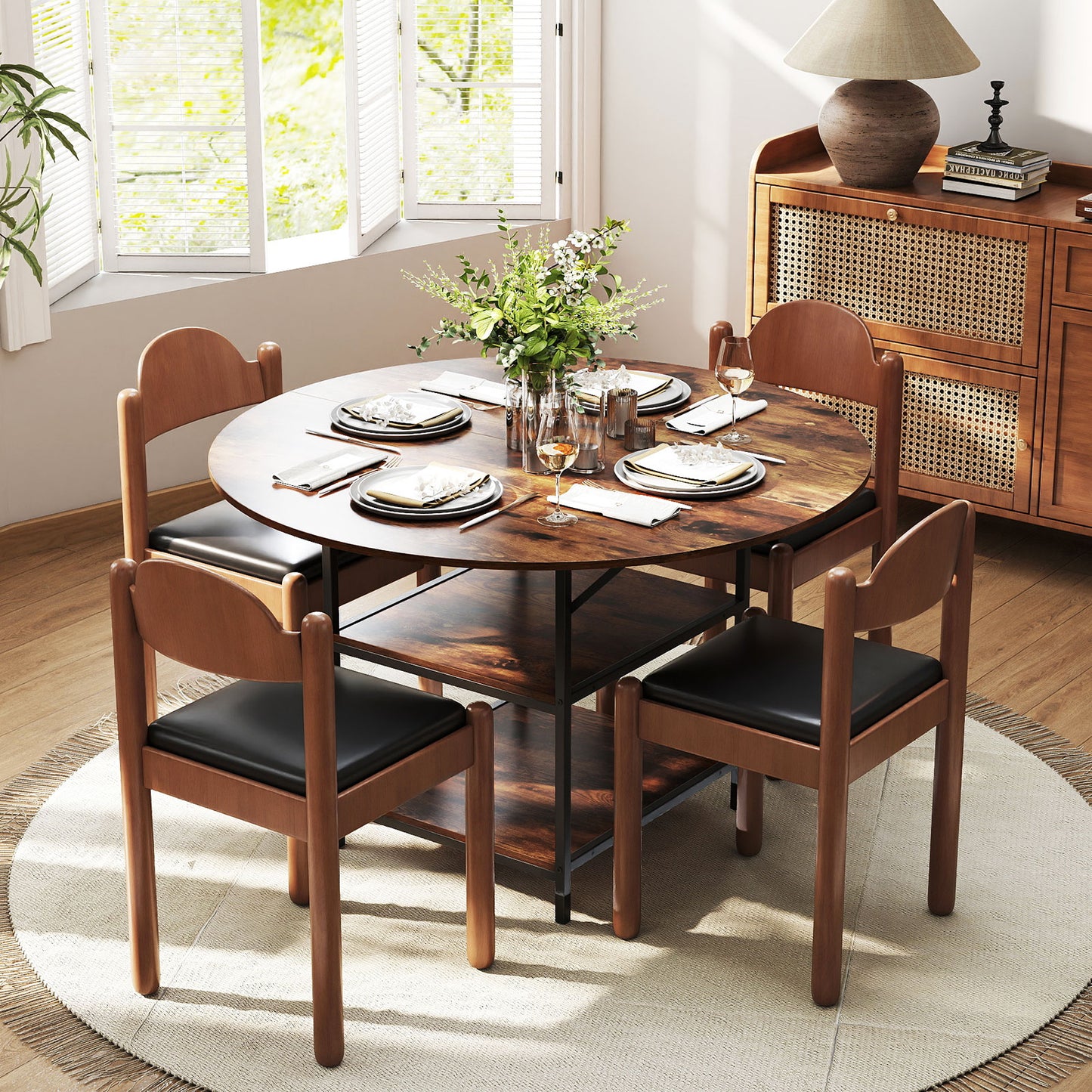 47 Inch Round Dining Table for 4-6 People Large Kitchen Table with 2-Tier Storage Shelves-Rustic Brown