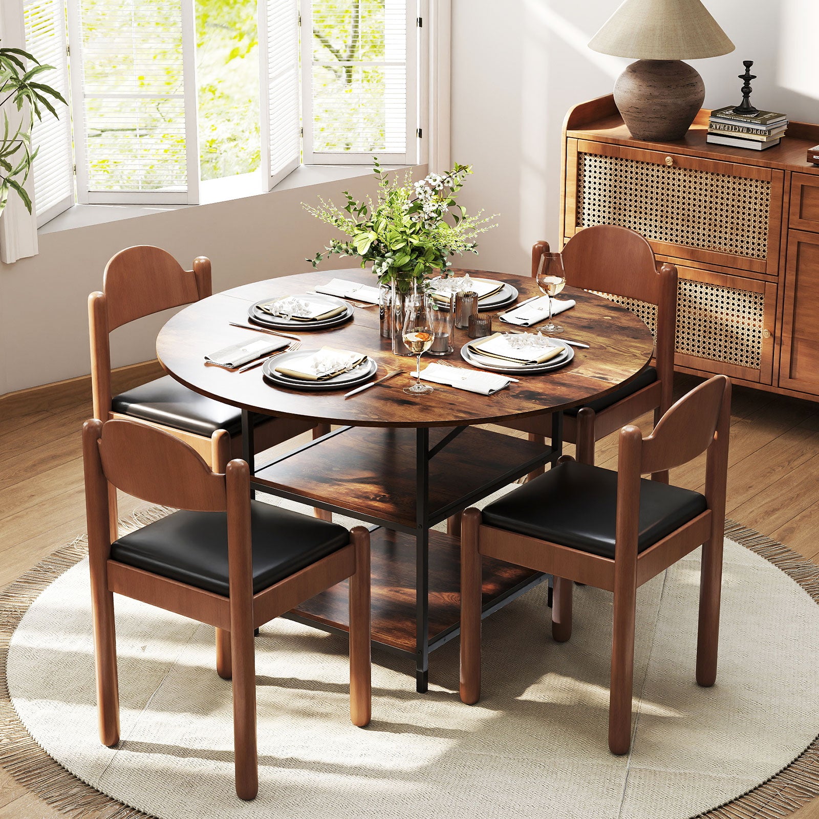 47 Inch Round Dining Table for 4-6 People Large Kitchen Table with 2-Tier Storage Shelves-Rustic Brown