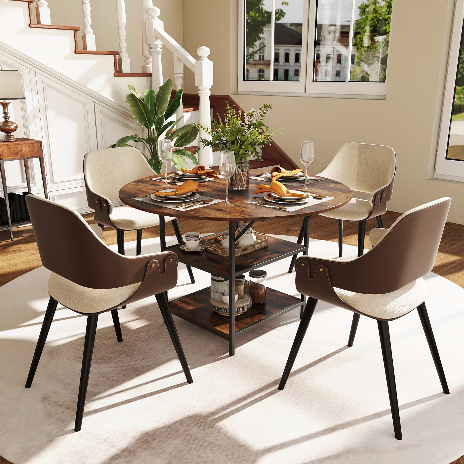 47 Inch Round Dining Table for 4-6 People Large Kitchen Table with 2-Tier Storage Shelves-Rustic Brown
